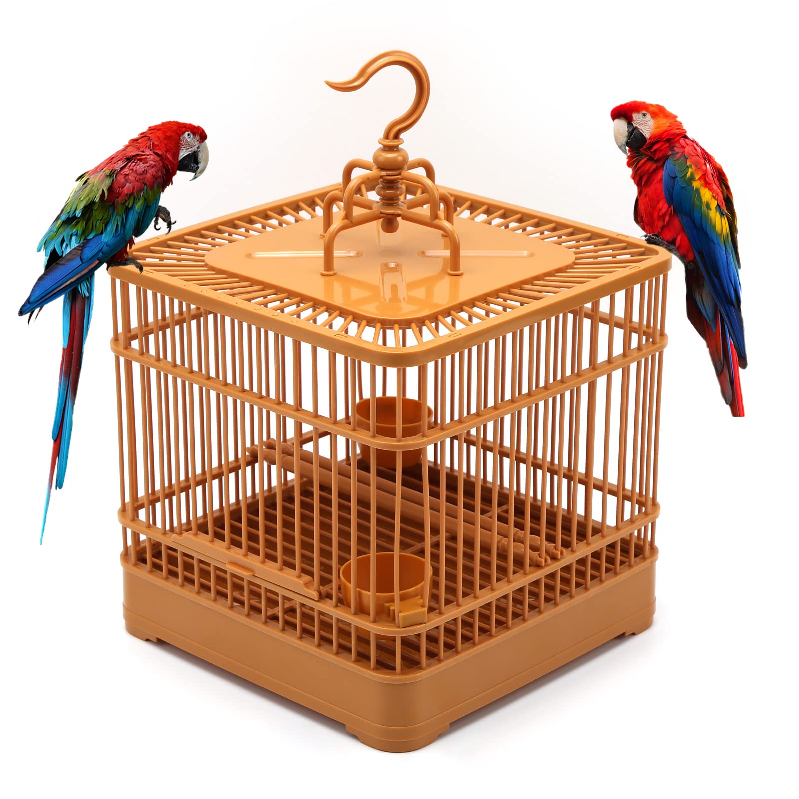 iFCOW Jaula para pájaros, jaula para pájaros con tazas de alimentación, jaula de viaje de plástico con gancho para pájaros pequeños