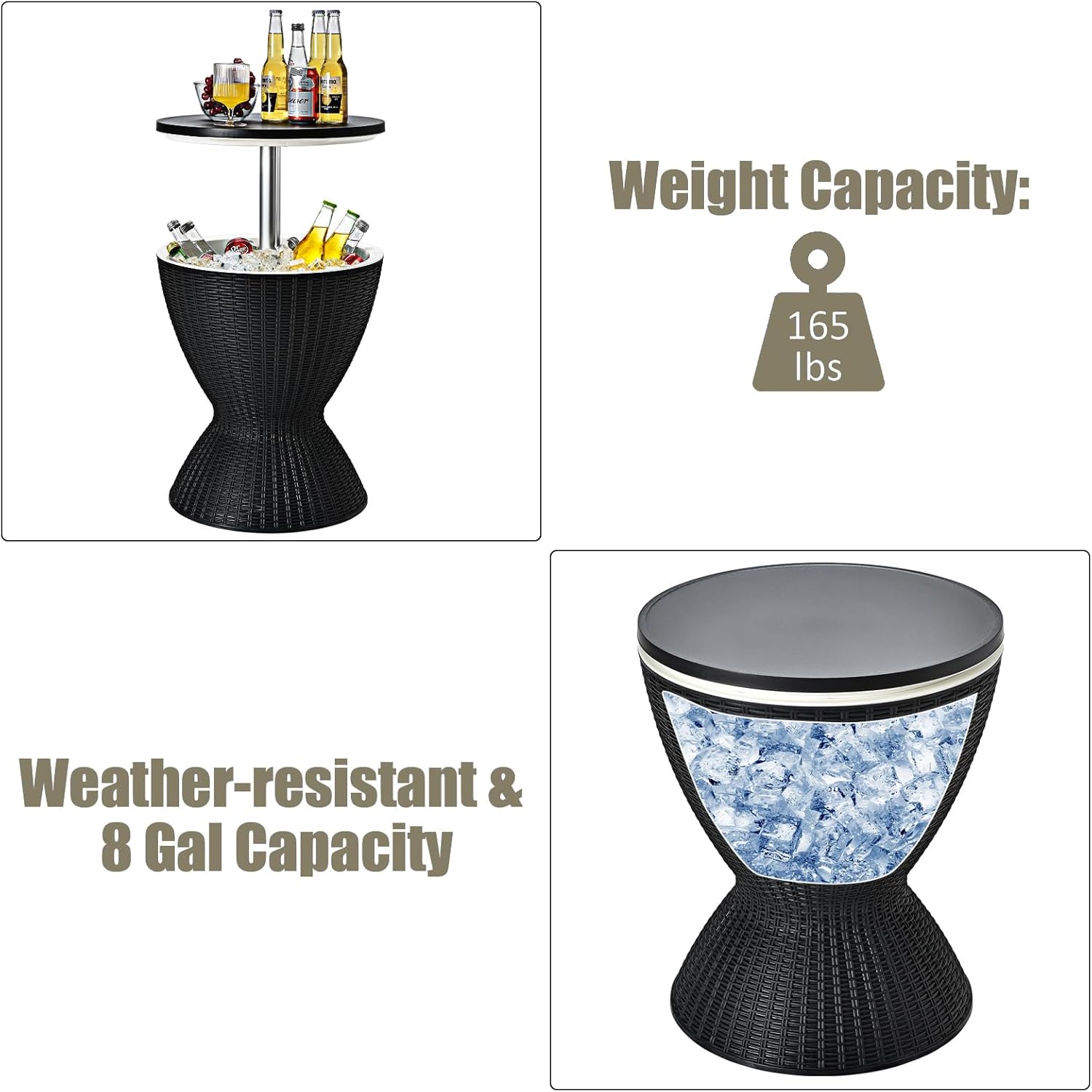 COSTWAY Outdoor Cool Bar Table, 8 Gallon Beer and Wine Cooler, Height Adjustable Rattan Style Cocktail Patio Bar Tables, 3-in-1 Ice Cooler with Drainage Plug for Deck, Pool, Party, Beach (Black)