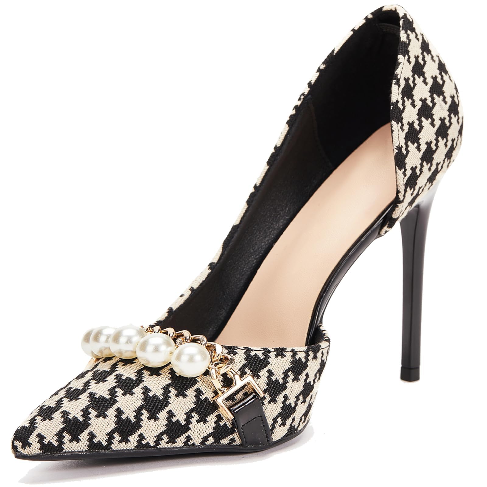 JRNIEQITO Womens Pumps Shoes High Heels Stiletto Pointed Closed Toe D'Orsay Elegant Houndstooth Pattern Design with Pearls Chain Dress Party Wedding