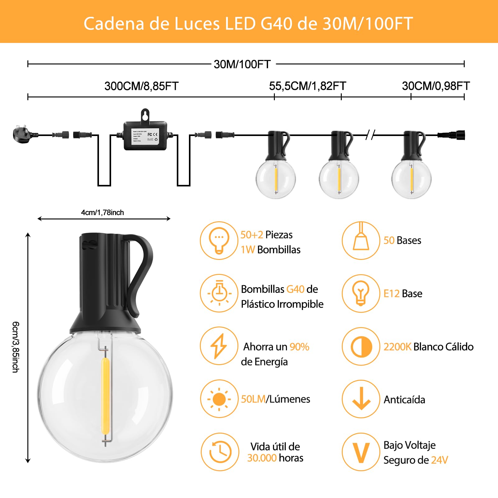 Guirnalda Luces Exterior G40 30M,24V con Mando a Distancia,Regulable,Temporizador,50 Bombillas Irrompibles,Iluminación Impermeable para Patio,Jardín,Balcón y Gazebo
