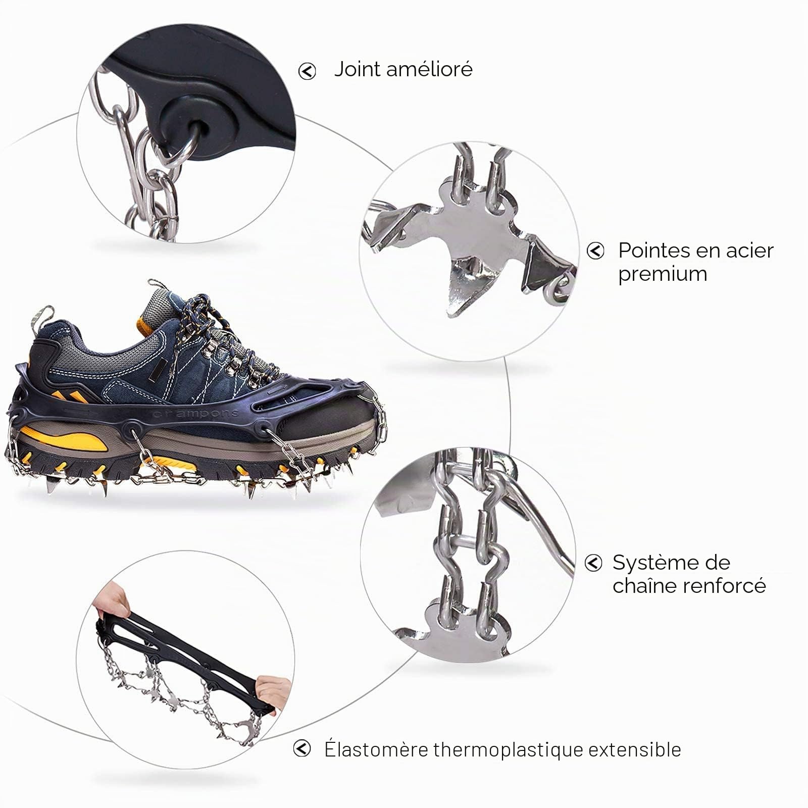 Crampons Neige Antidérapants pour Glace, Grips de Traction avec 19 Pointes en Acier Inoxydable pour Chaussures et Bottes, Hommes et Femmes, Sécurisés pour Randonnée, Pêche（Black, Medium）