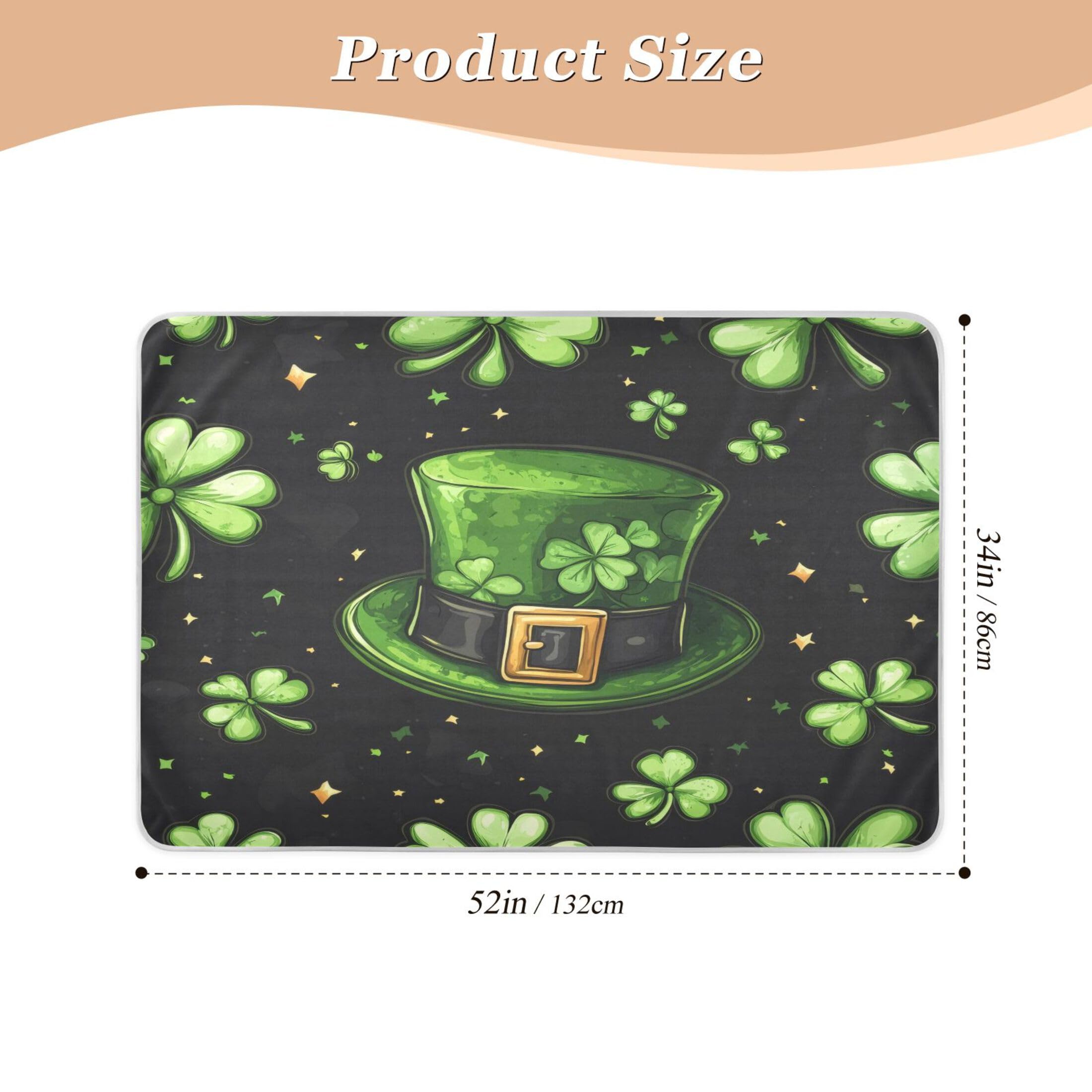 Takiito St Patrick Hat Clover Bed Pad Reusable Bed Underpad Washable Waterproof Leak-Proof Quick Dry Incontinence Pee Pad for Toddlers Kids Adults Pets 34x52 in