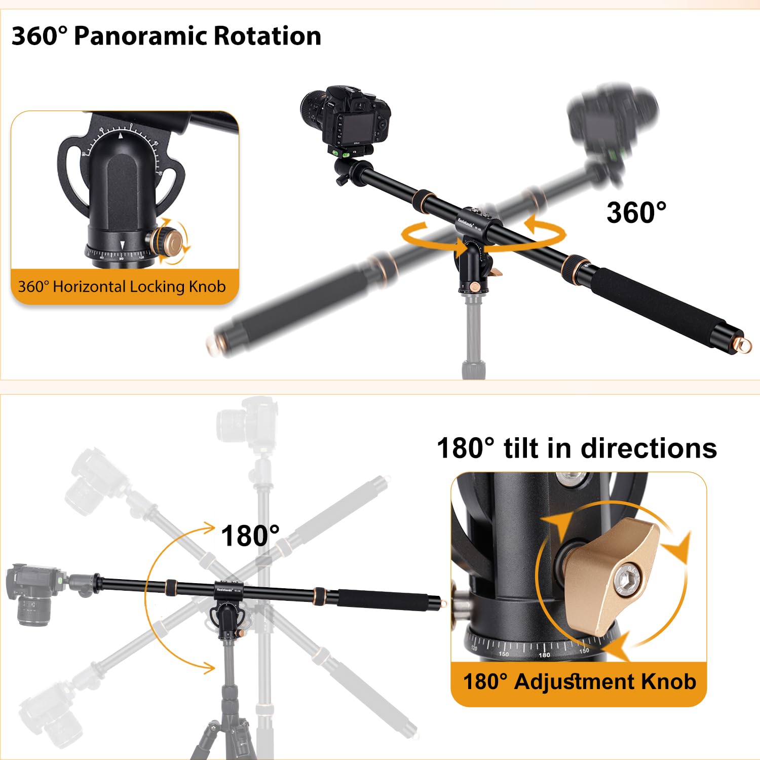 Koolehaoda Brazo de extensión de trípode de 105 cm Eje Central Horizontal Giratorio de 360 ​​​​° Brazo de extensión de trípode Ajustable verticalmente de 180 ° para cámara Fotografía aérea Macro