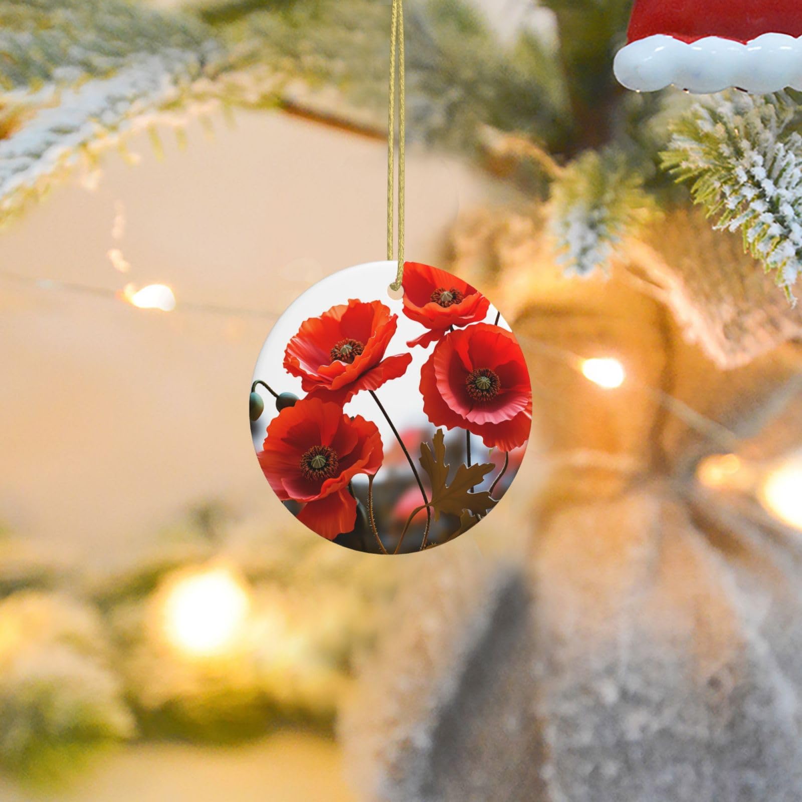2025 Christmas Tree Decoration Hanging Round Ornament Poppy Flowers Vivid Petals Ceramic Ornaments Christmas Tree Decorations Round Pendants for Xmas Tree Winter New Year Party Supplies