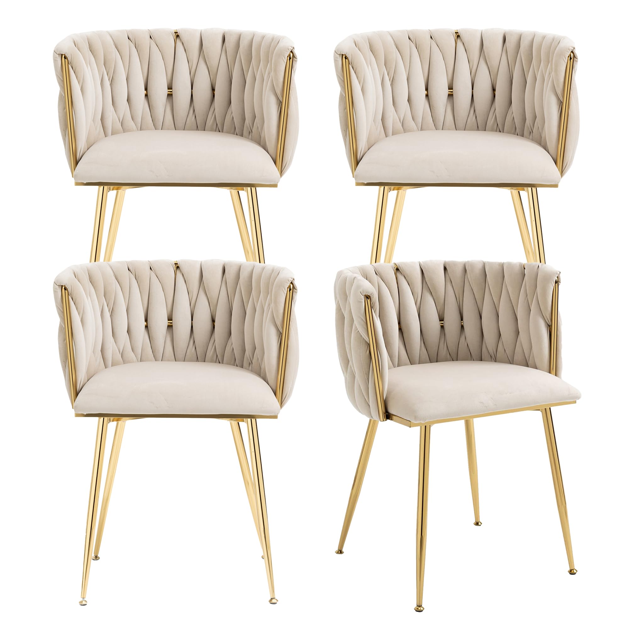 Kiztir Velvet Dining Chairs Set of 4, 4 Piece Upholstered Woven Dining Chairs with Gold Metal Legs Modern Dining Room Chair for Living Room, Bedroom, Kitchen (Beige)