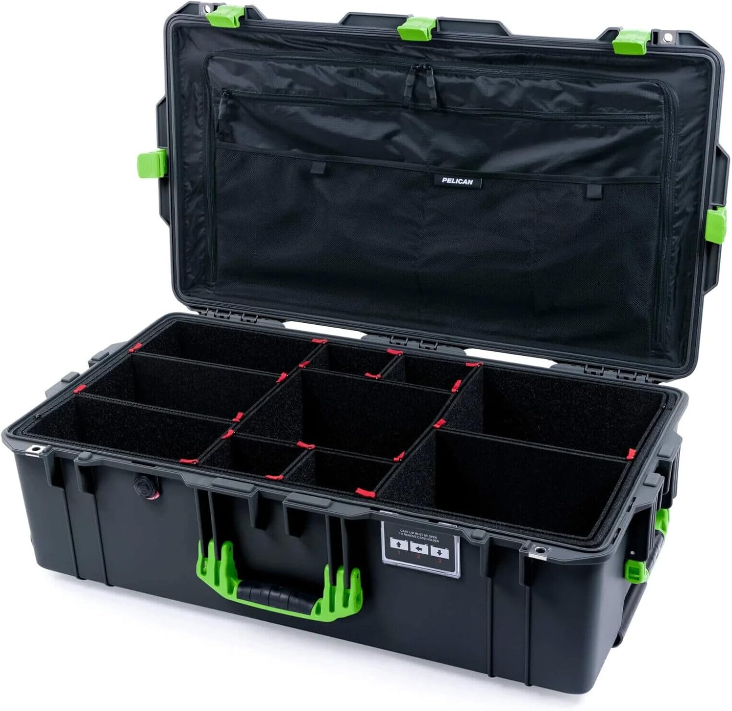 Pelican Color Case Charcoal Pelican 1615 Air case with Lime Green Handles & latches. Comes with Trekpak dividers &Combo lid Organizer.