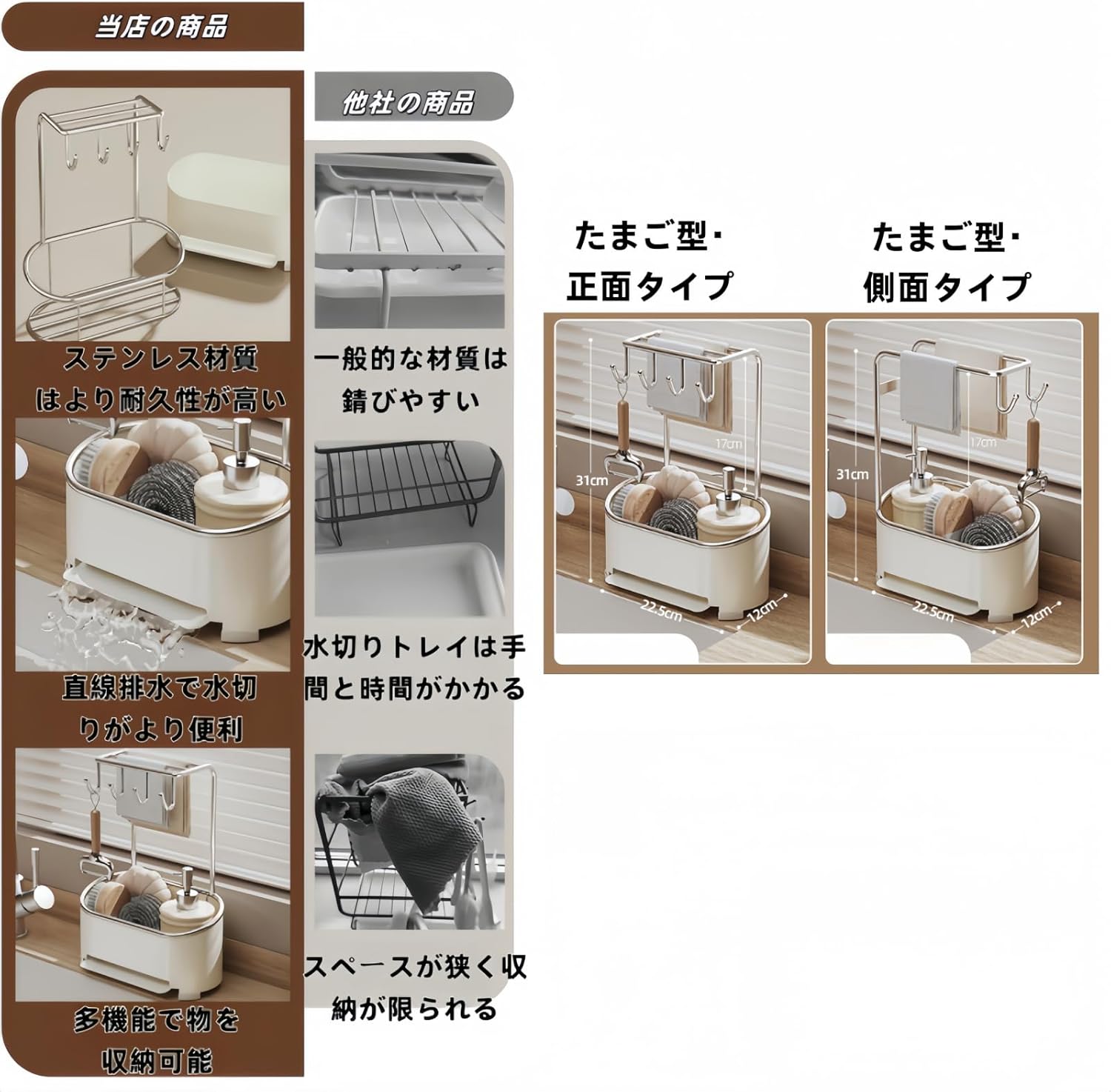 MochiGo スポンジホルダー・キッチン用ふきん収納ラック・食器用クロス・シンクバスケット・多機能整理収納ラック (たまご型&middot;側面