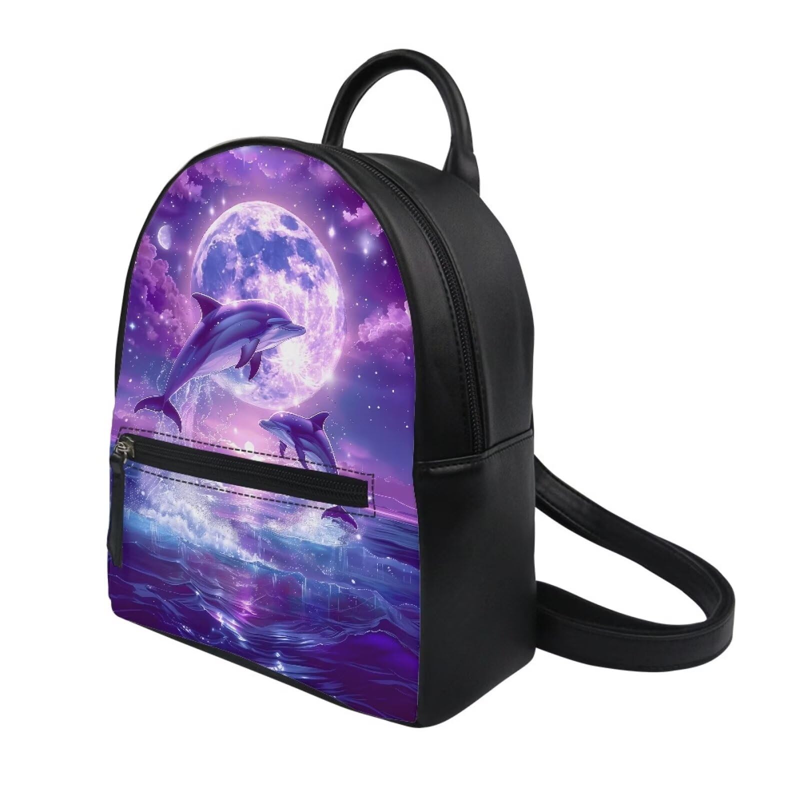 Amzbeauty Dolphin Moon Print Mini Backpack For Women Daily Cute Purse Bag Daypack With Zipper