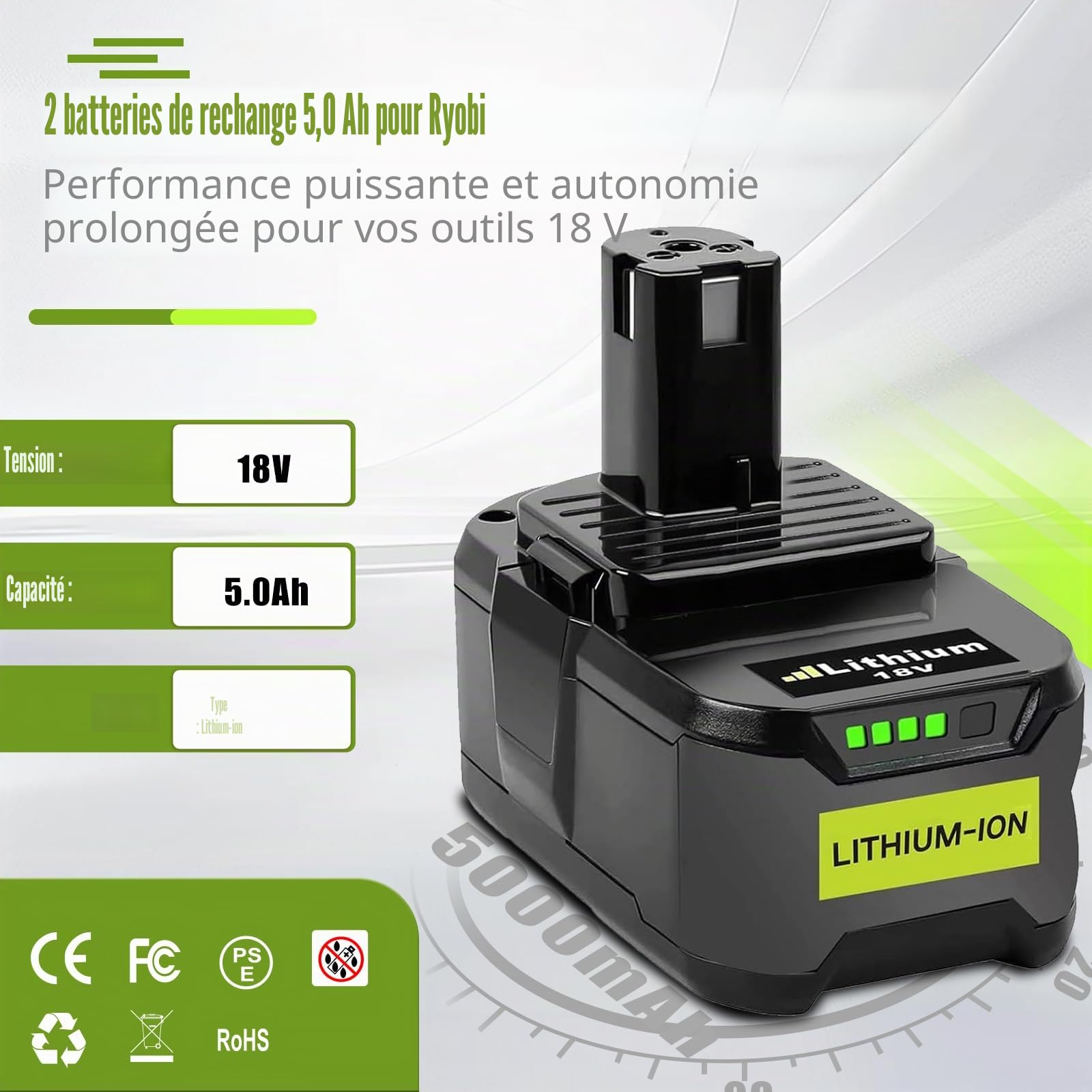 2 X 5,0Ah P108 Batterie de Remplacement pour Ryobi 18V et Chargeur 4A | Li-ION Batterie de Remplacement pour Ryobi One+ RB18L40 RB18L25 RB18L15 P102 P103 P104 P105 P106 P107