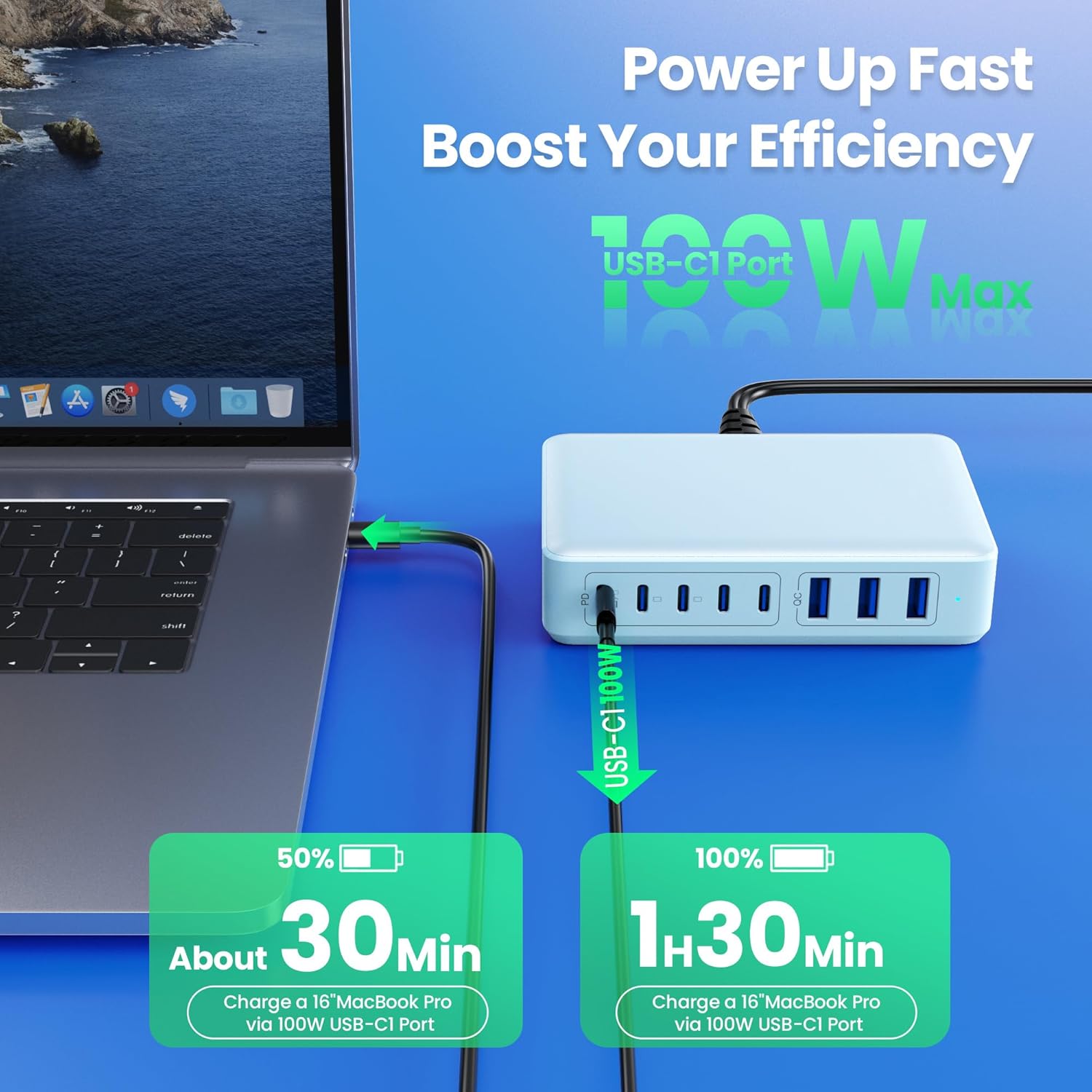 USB C Charger 105W USB C Charger Block Charging Station,(GaN IV) 8-Ports Fast Charging Hub,Upgraded PD 100W Laptop Desktop Chargers Compatible with MacBook,DELL,iPhone 17/16/15/14/13,Android-Sky Blue