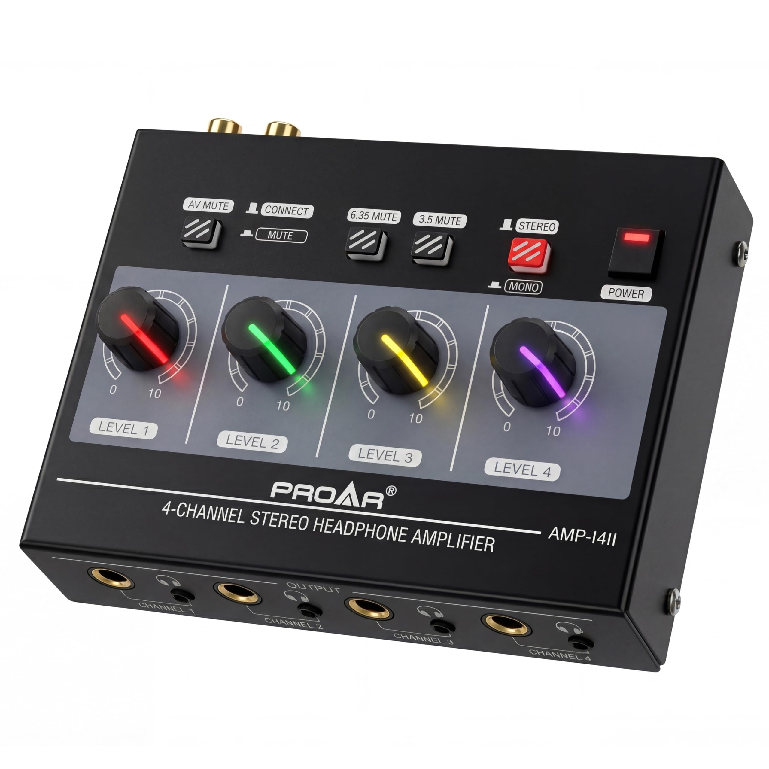 Amplificatore per cuffie a 4 canali con luce a 7 colori, amplificatore per cuffie per studio musicale con splitter audio per cuffie mono/stereo multi-porta in metallo con uscita cuffie TRS da 1