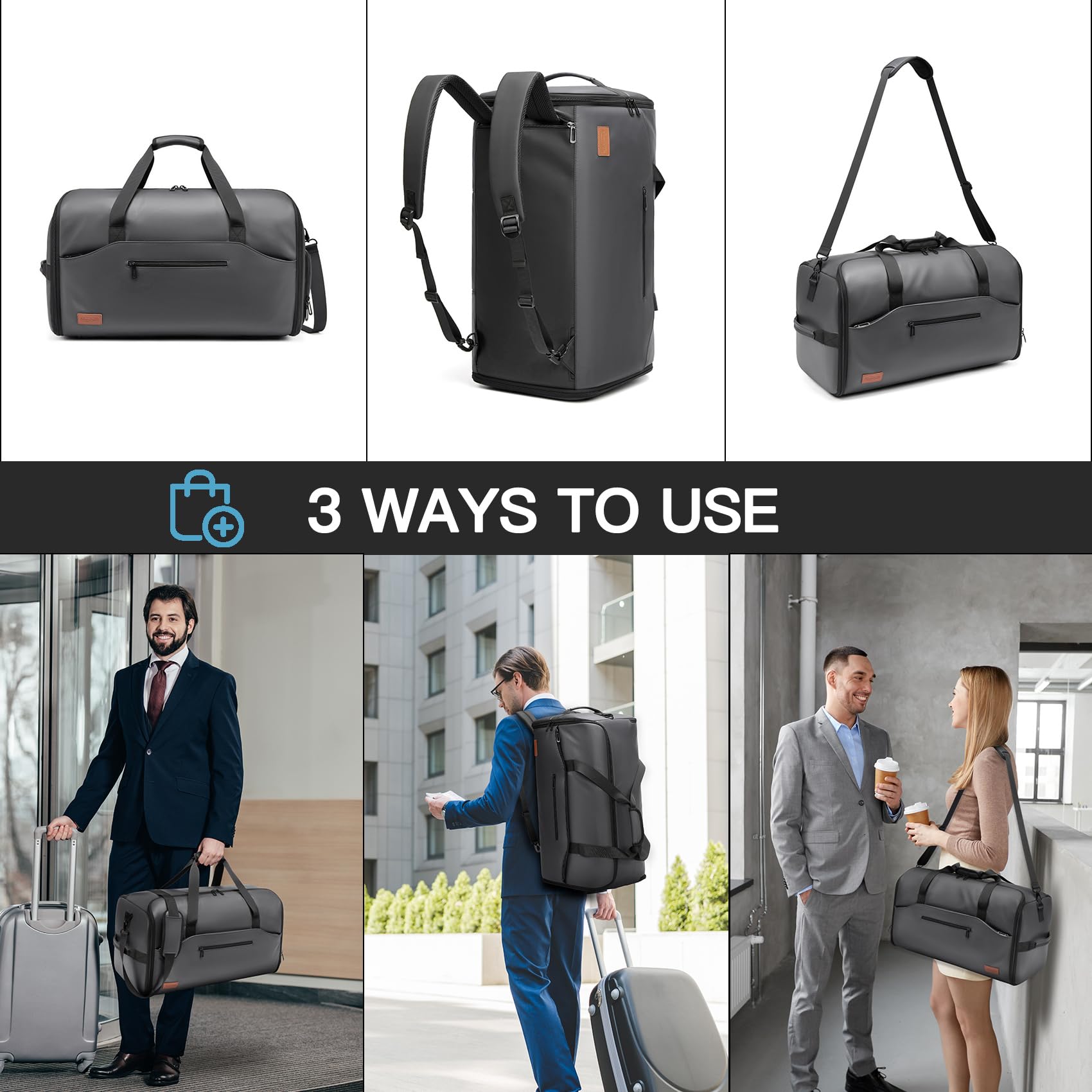 Moulyan - Borsone da viaggio convertibile con scomparto per scarpe, 3 in 1, impermeabile, con tracolla, per uomo e donna, Grigio, 62 cm x 31 cm x 32 cm, Borsa porta abiti da viaggio