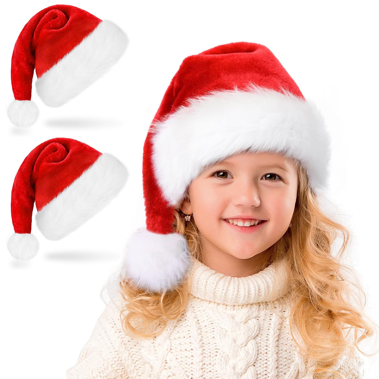 Ambandier Christmas Santa Hat for Kids Boys Girls, Unisex Children Soft Plush Classic Fur Xmas Holiday Hat, Thicken Comfortable Velvet Santa Claus for Christmas New Year Festive Theme Party