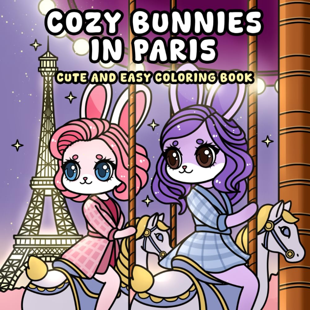 Cozy Bunnies in Paris: Cute & Easy Coloring Book for Adults, Teens & Kids featuring Animal Friends (Bunny Coloring Book)