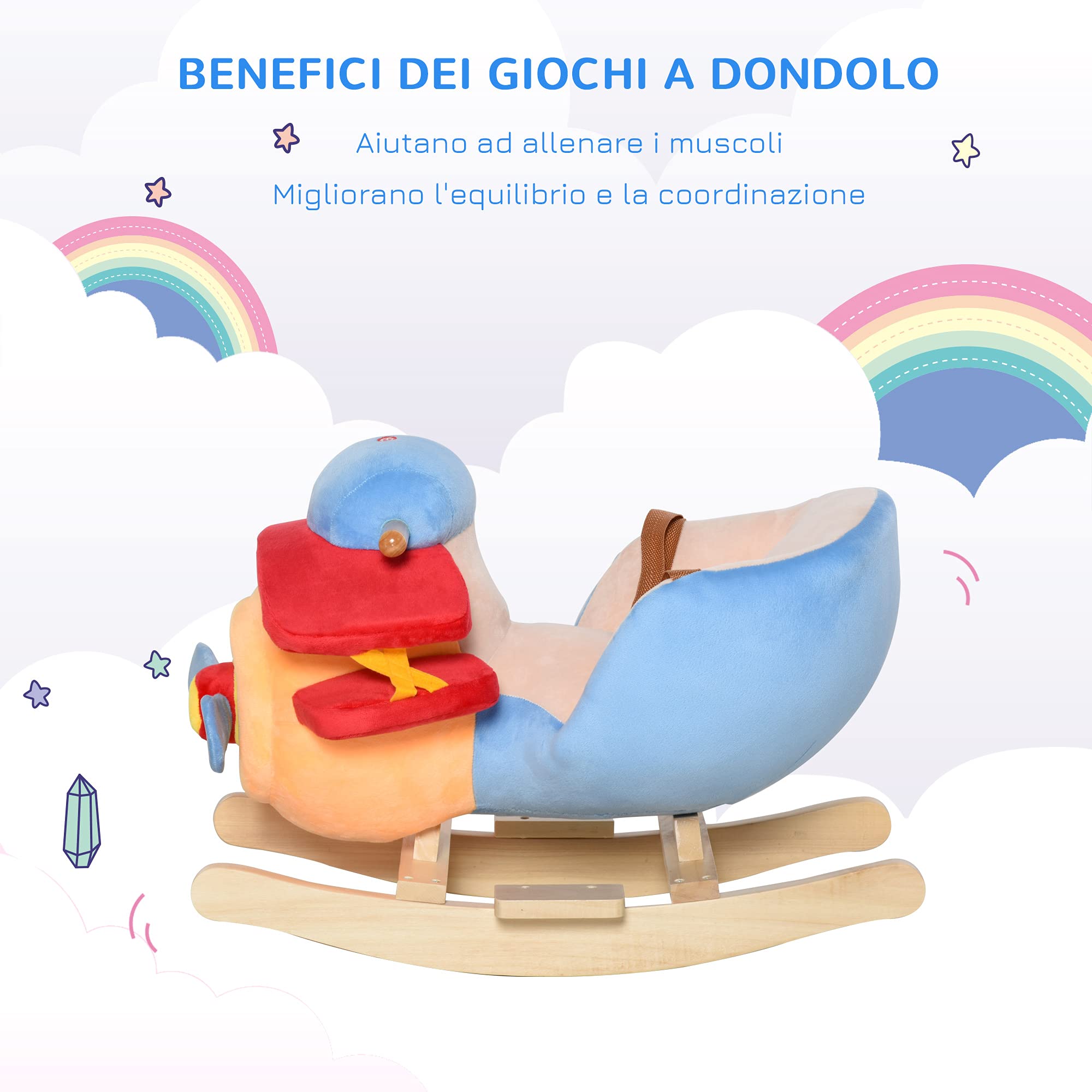 HOMCOM Cavallo a Dondolo a Forma di Aeroplano per Bambini 60x33x45cm | Età Superiore a 18 Mesi, Cacalluccio a Dondolo, Musica Incorporata, Legno Alamo, Max:60kg