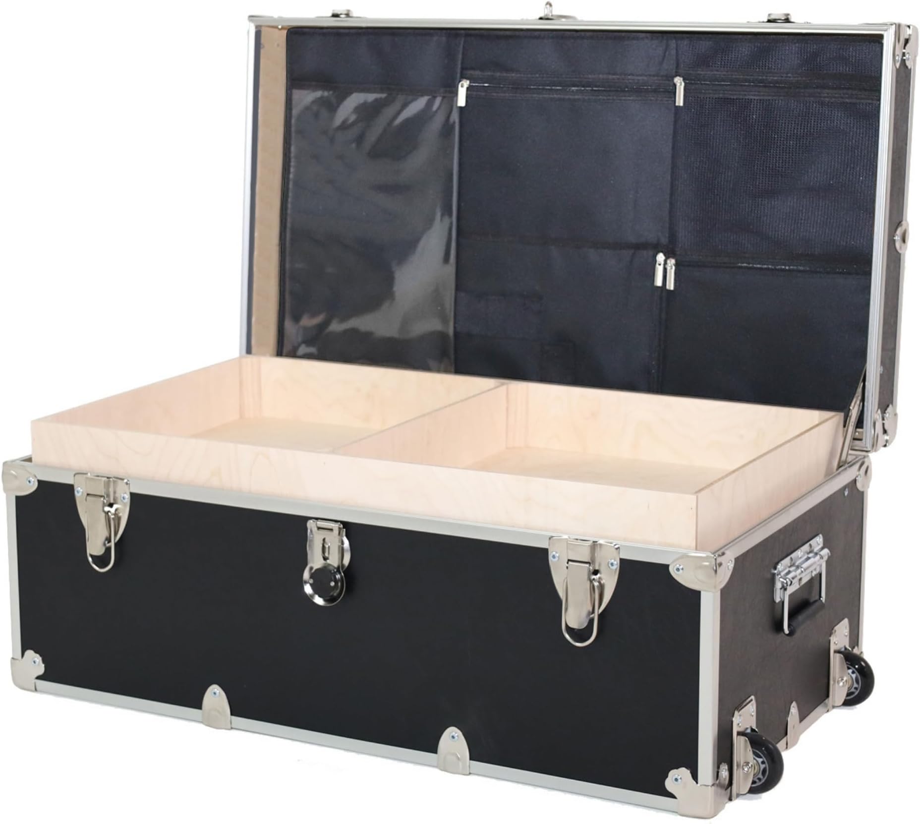 Large Essential Trunk With Wheels, Tray, & Lid Organizer - 32"x18"x14", 1000+ lbs Capacity. Strong, USA Made Summer Camp Footlocker, and Secure College Dorm Storage Chest