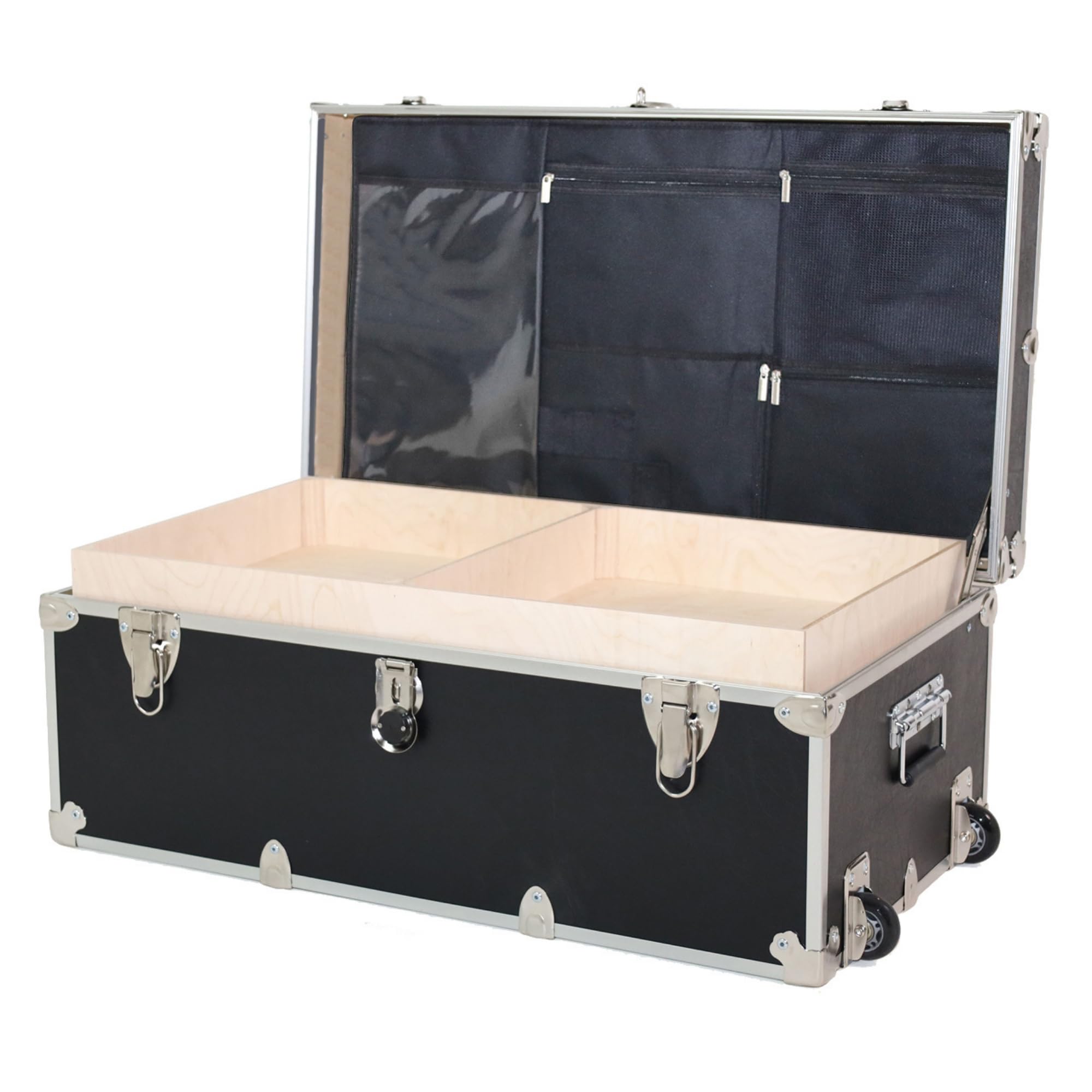 Rhino Trunk & Case Large Essential Trunk With Wheels, Tray, & Lid Organizer - 32"x18"x14", 1000+ lbs Capacity. Strong, USA Made Summer Camp Footlocker, and Secure College Dorm Storage Chest