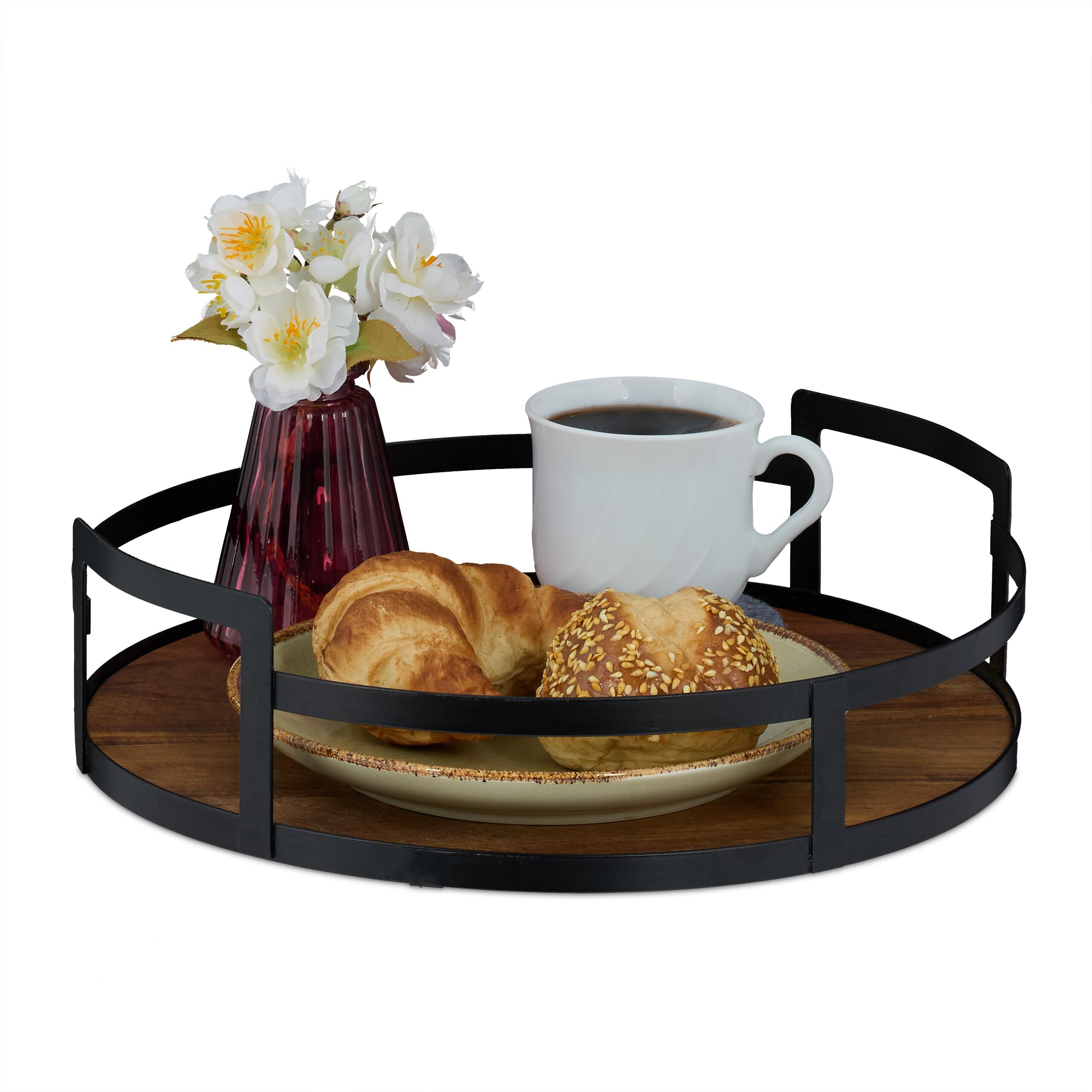 Plateau de service de table bois métal rond avec poignées