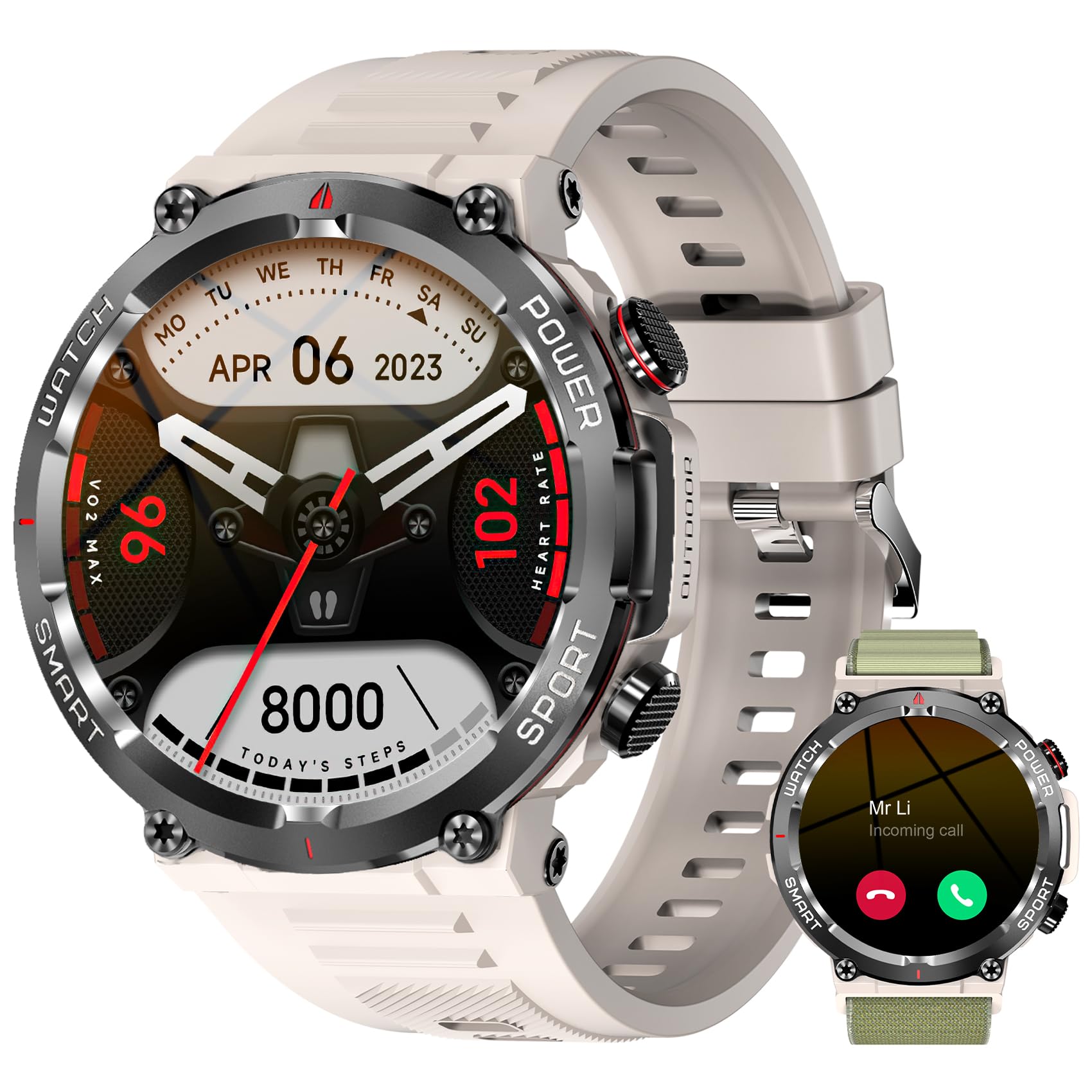 IOWODO Smartwatch Uomo,Orologio Fitness Chiamate Bluetooth,Smart Watch Militari Tracker con Cardiofrequenzimetro,SpO2, Monitoraggio del Sonno,100+ modalità Sport Compatibile Android con iOS