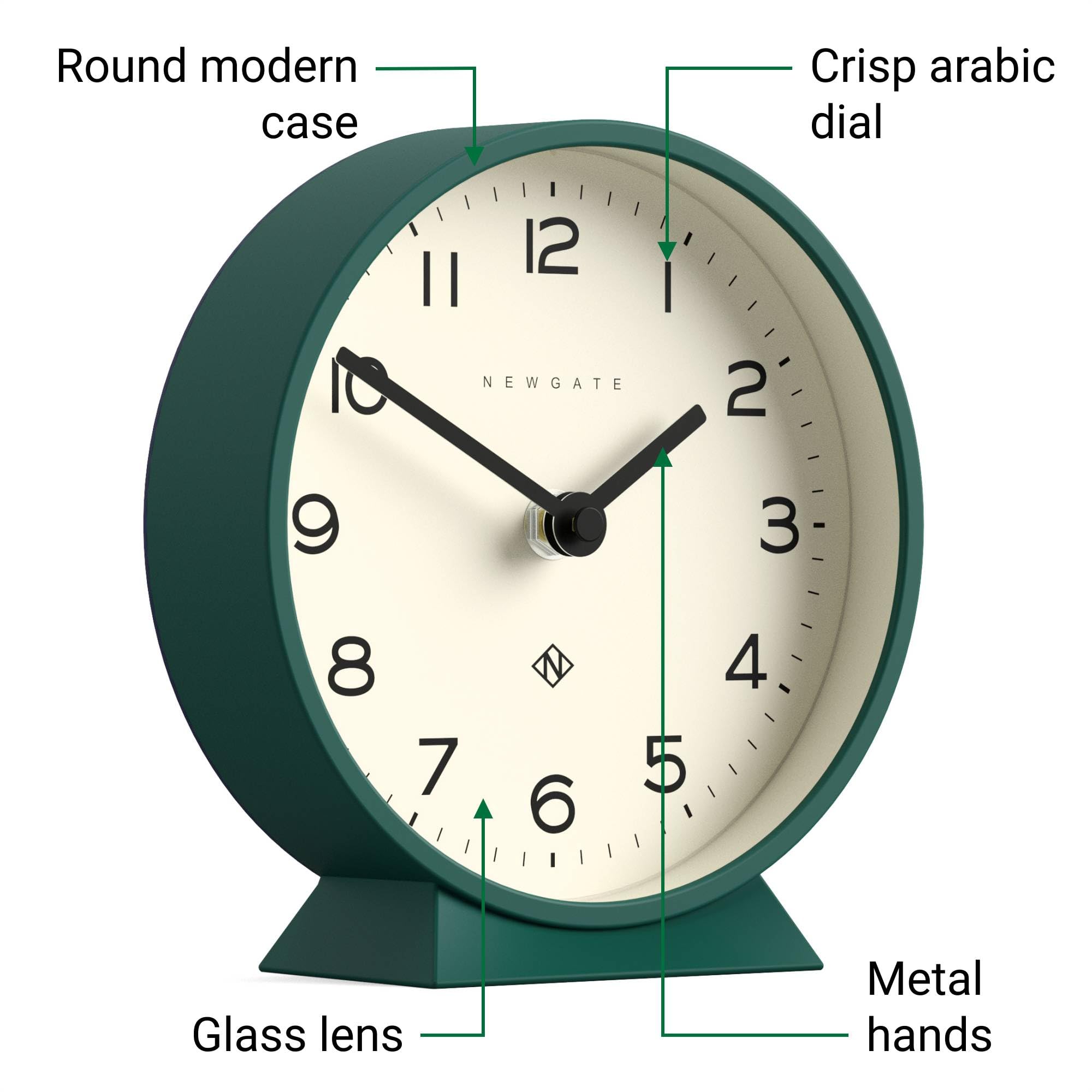 Newgate® M Orologio da scrivania Mantel Echo | Design moderno a tondo | Verde Eden | Numeri facili da leggere | Stile contemporaneo per scrivania, tavolo, mensola o comodino