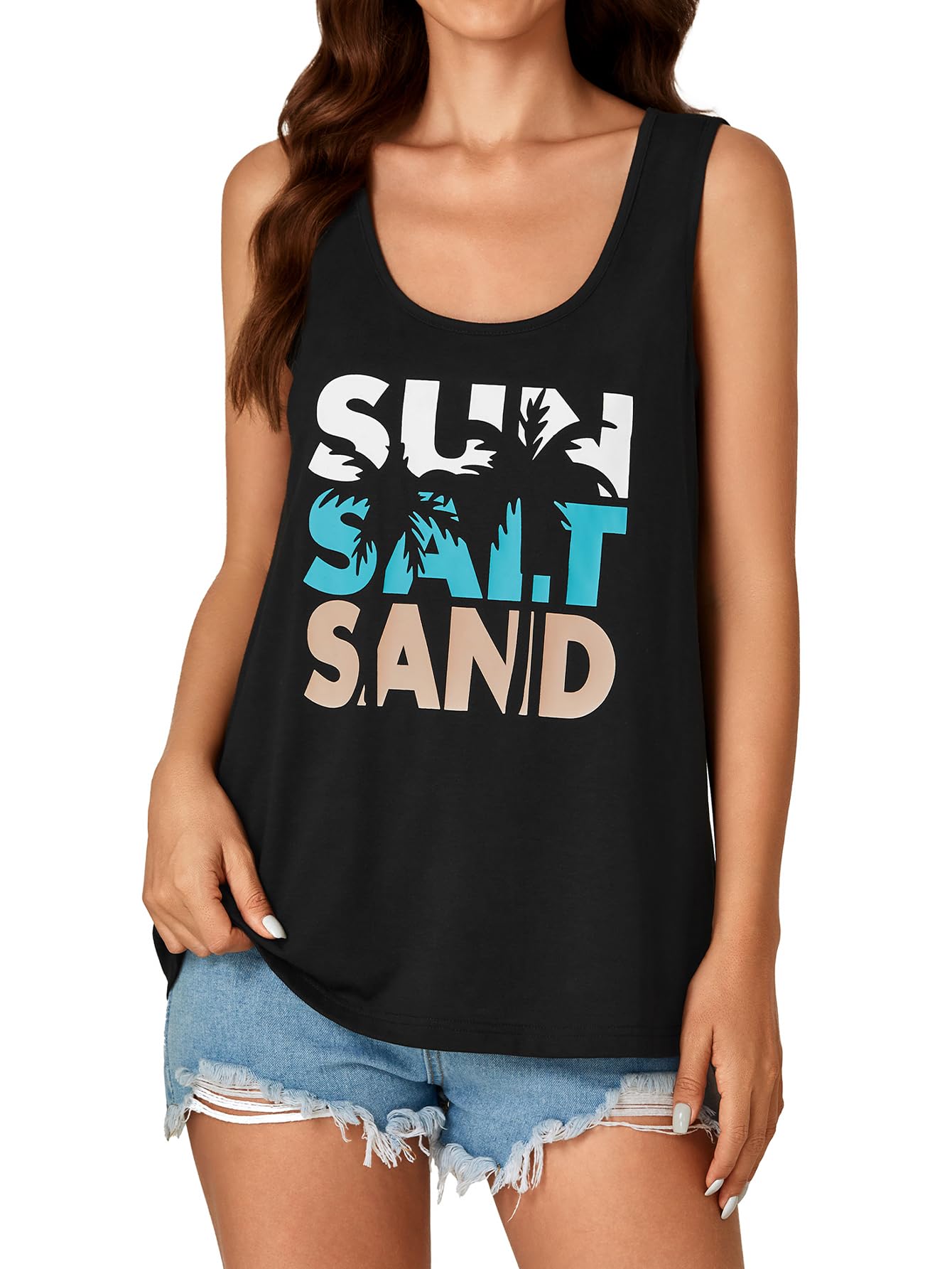 LYANER Womens Scoop Neck Letter Print Tank Sleeveless Loose fit Casual Top Cami