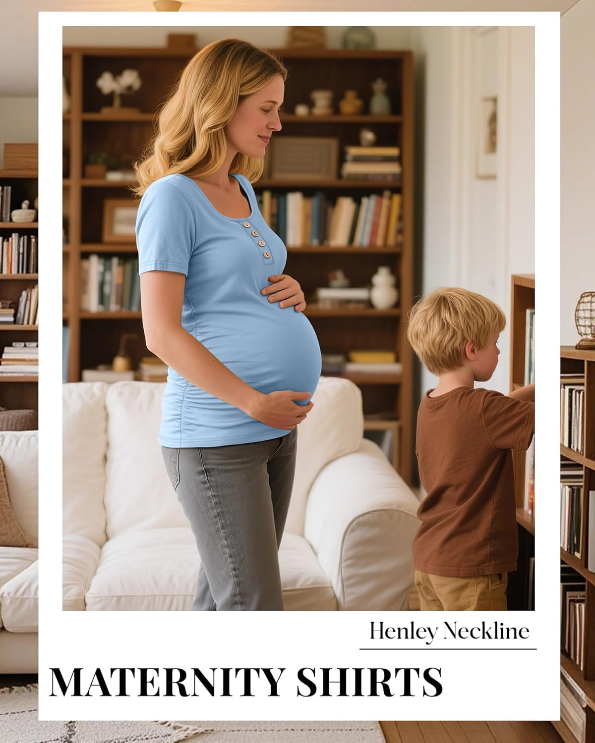 Riyiper 4 Pack Women's Maternity Shirts, Henley Scoop Neck Pregnancy Tee Tops Short Sleeve Side Ruched Mama Clothes - Image 5