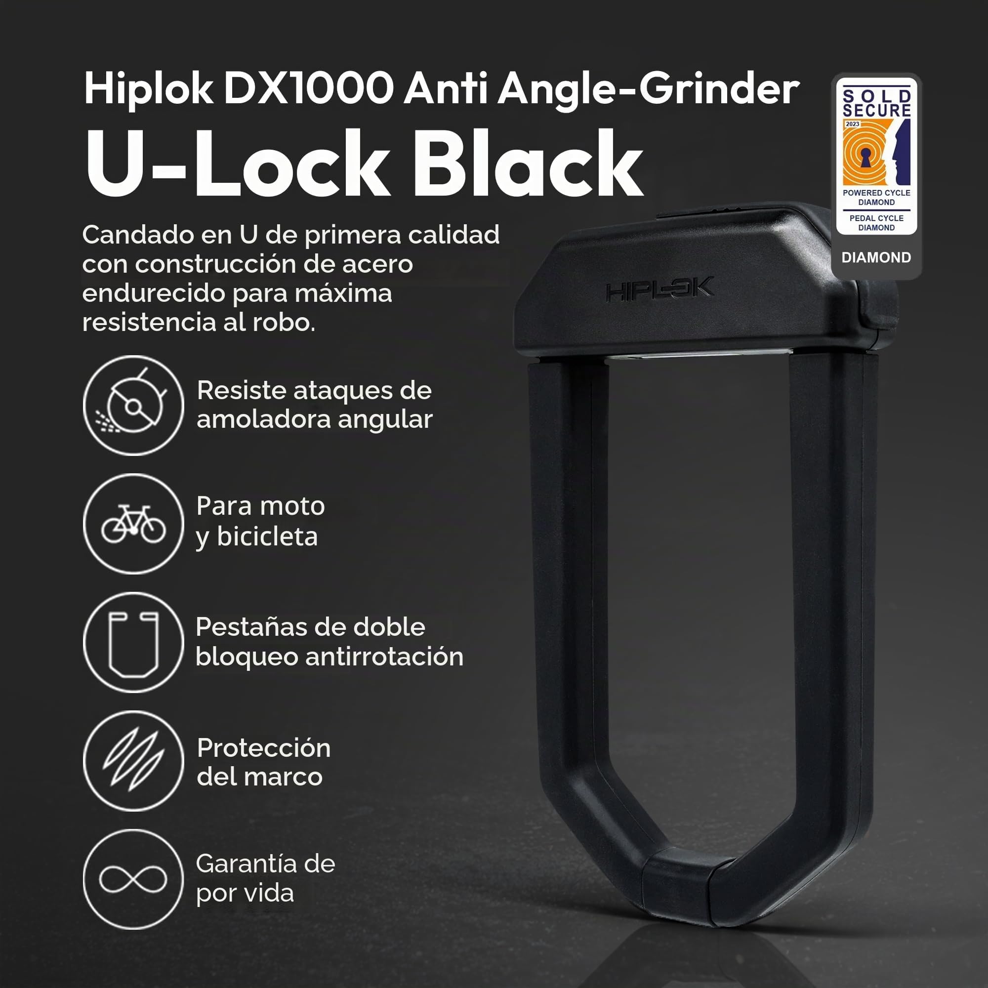 Hiplok D1000, Candado de horquilla, Unisex, ALL BLACK, Área de cierre: 15,5 cm x 9,2 cm