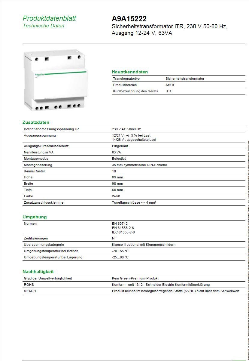 Schneider Electric A9A15222 Transformador SEG, 63VA, 12-24V CA