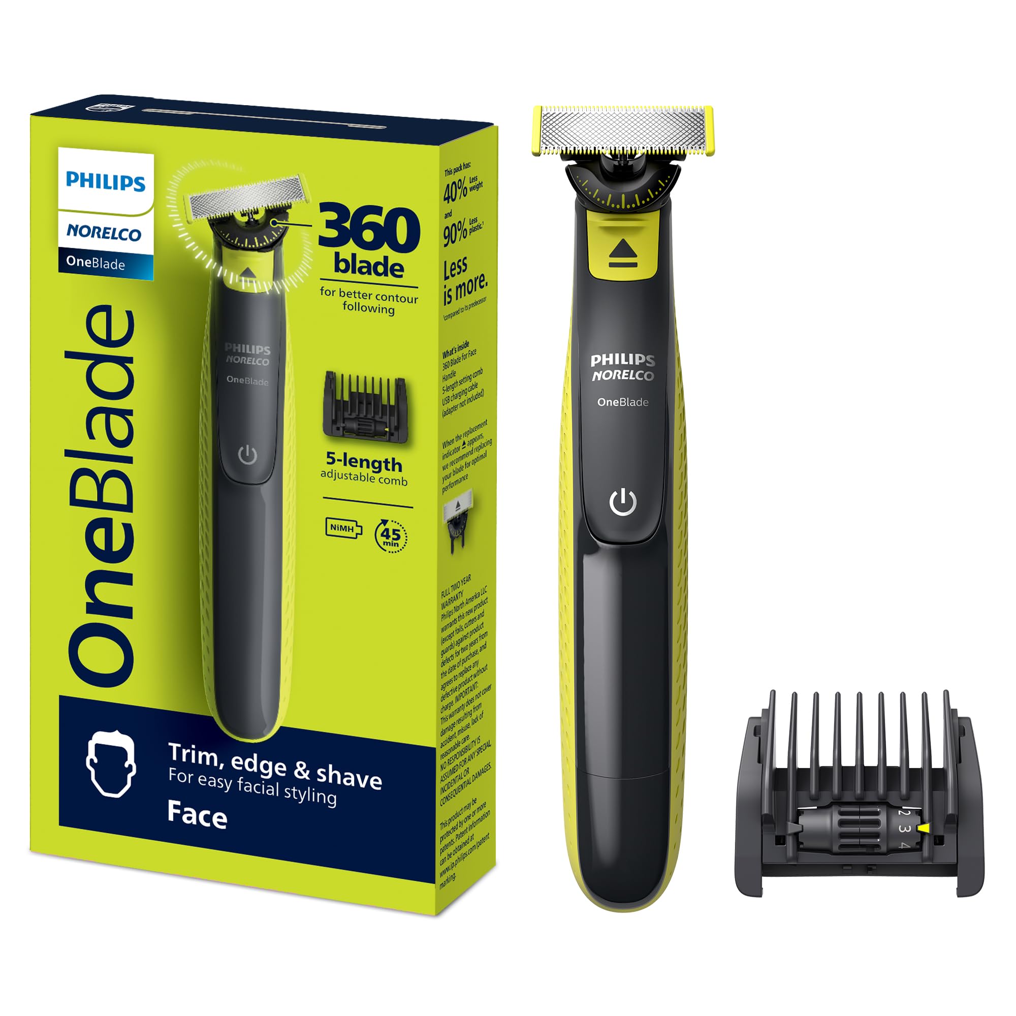 Philips Norelco One 360 Hybrid Face, Electric Beard Trimmer and Shaver, with 360 Technology, 1x 360 for Face, 5in1 Adjustable Comb, Model QP2724/90