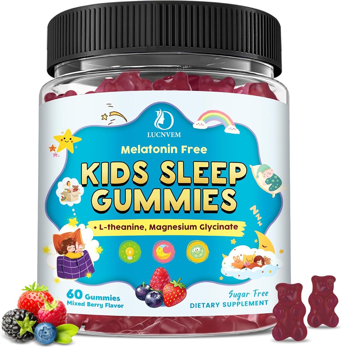 Kids Magnesium Glycinate Gummies for Sleep, Melatonin Free Sleep Aid for Kids, Magnesium Glycinate with L-theanine Natural Herbal Extract for Sleep & Calm Support, Sugar Free Mixed Berry, 60 ct