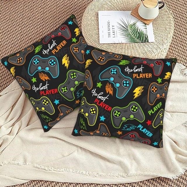 Video Game Controller Throw Pillow Covers Set Of 2 - 18x18 Inch Grey Background Colorful Gamepad Pillow Cases For Bedroom, Sofa Decor