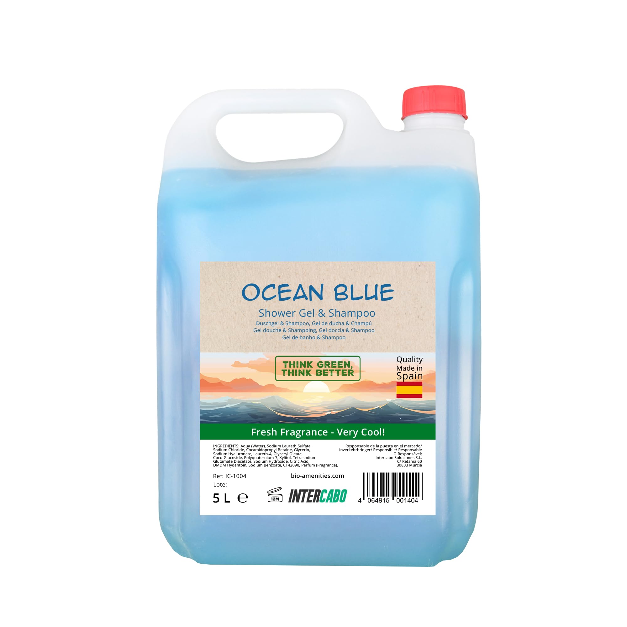 4 x 5 Liter Kanister Intercabo Duschgel & Shampoo 2in1 Ocean – Kombiprodukt zur Haar- und Körperpflege – pH-neutral – Nachfülllösung für Spender in Hotel, Spa, Gemeinschaftsdusche und Sporteinrichtung