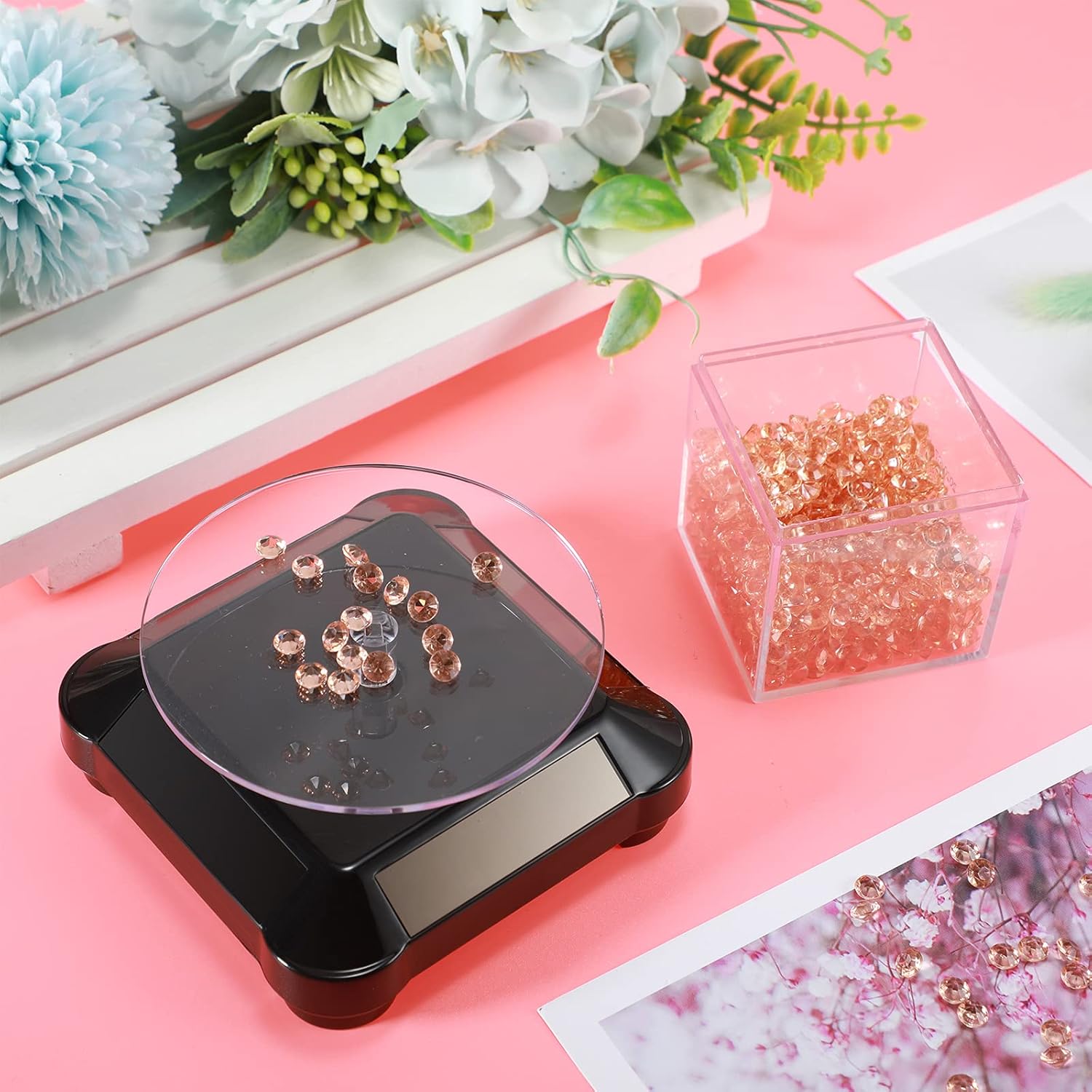 Xuhal 8 Pcs Solar Rotating Stand Turntable Battery Powered Double Use Solar Display Stand Jewelry Spinner 360 Degrees Solar Showcase Base Watch Hobby Collection Shelf for Table (Black)