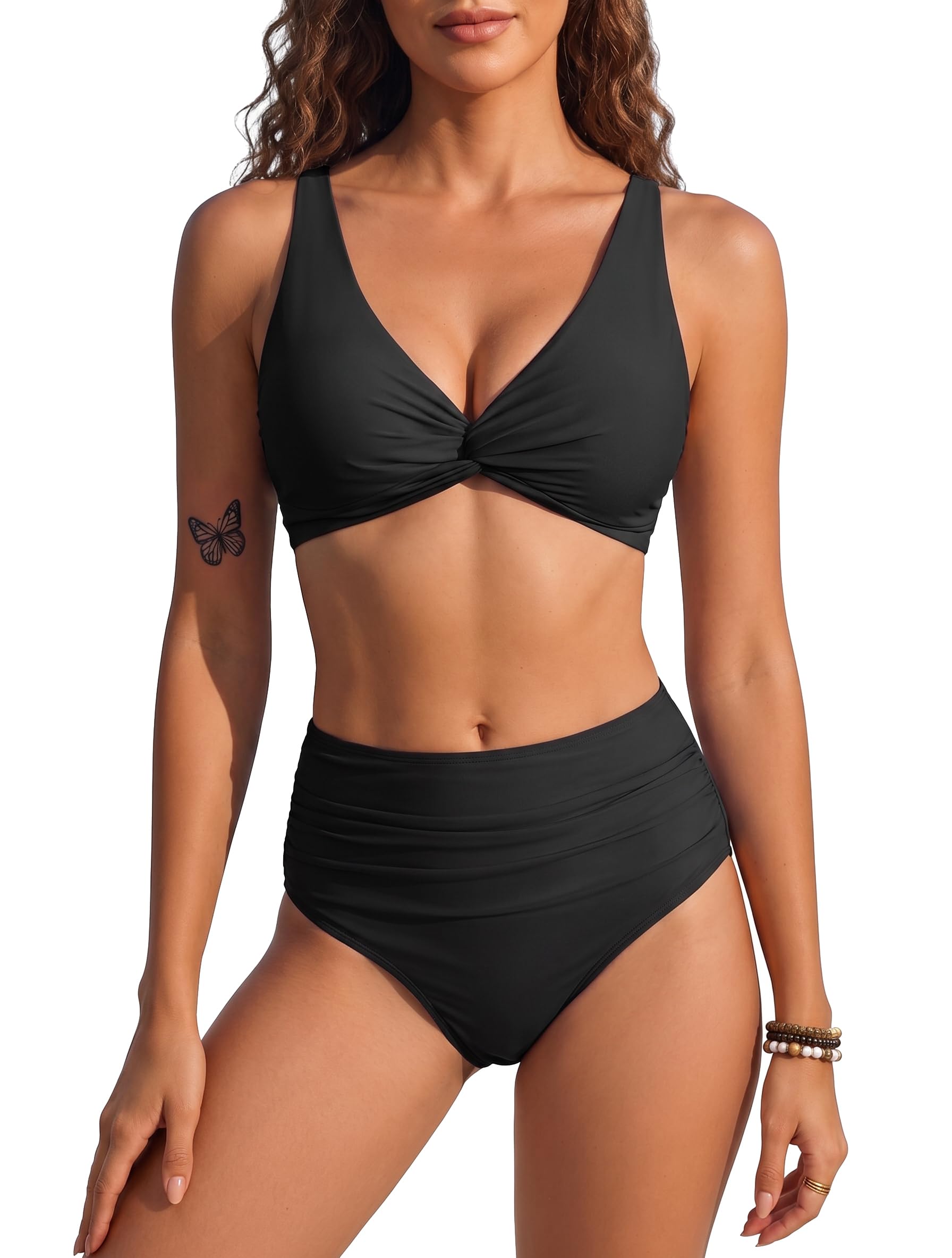 HORISUN High Waist Bauchweg Bikini Set für Damen mit Twist Front V Ausschnitt gepolsterten Einlagen Raffungen Rückenbindung verstellbaren Trägern Zweiteiliger Badeanzug ohne Bügel