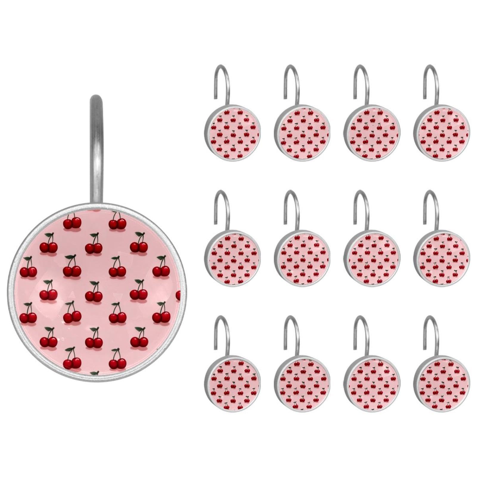12pcs Glass Shower Curtain Hooks, Rust Resistant Decorative Shower Rings for Bathroom Living Room,Stainless Steel Hooks for Shower Curtain and Liner Rods (Pink Background Cherry)