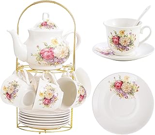 20-Pieces Porcelain Tea Sets For Women, Tea Set For Adult with Golden Me...