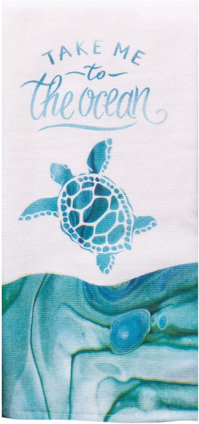 Coastal Tranquility Sea Themed Blue Kitchen Terry Towel Bundle of 2, Turtle and Crab