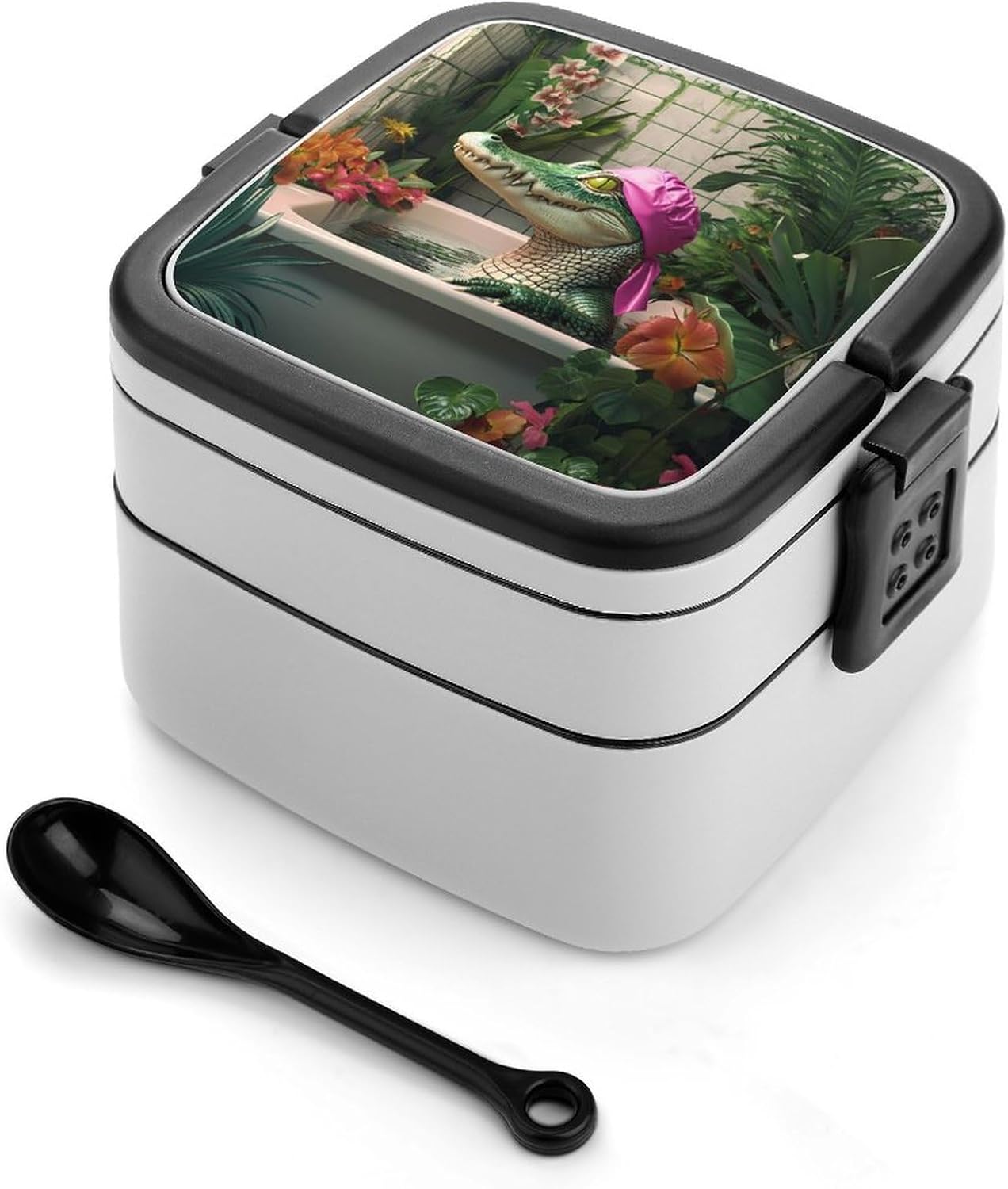 Funny Crocodile Toilet Bathroom Bento Box with Spoon 2 Layer Food Container Cute Lunch Box for Travel Dining Work