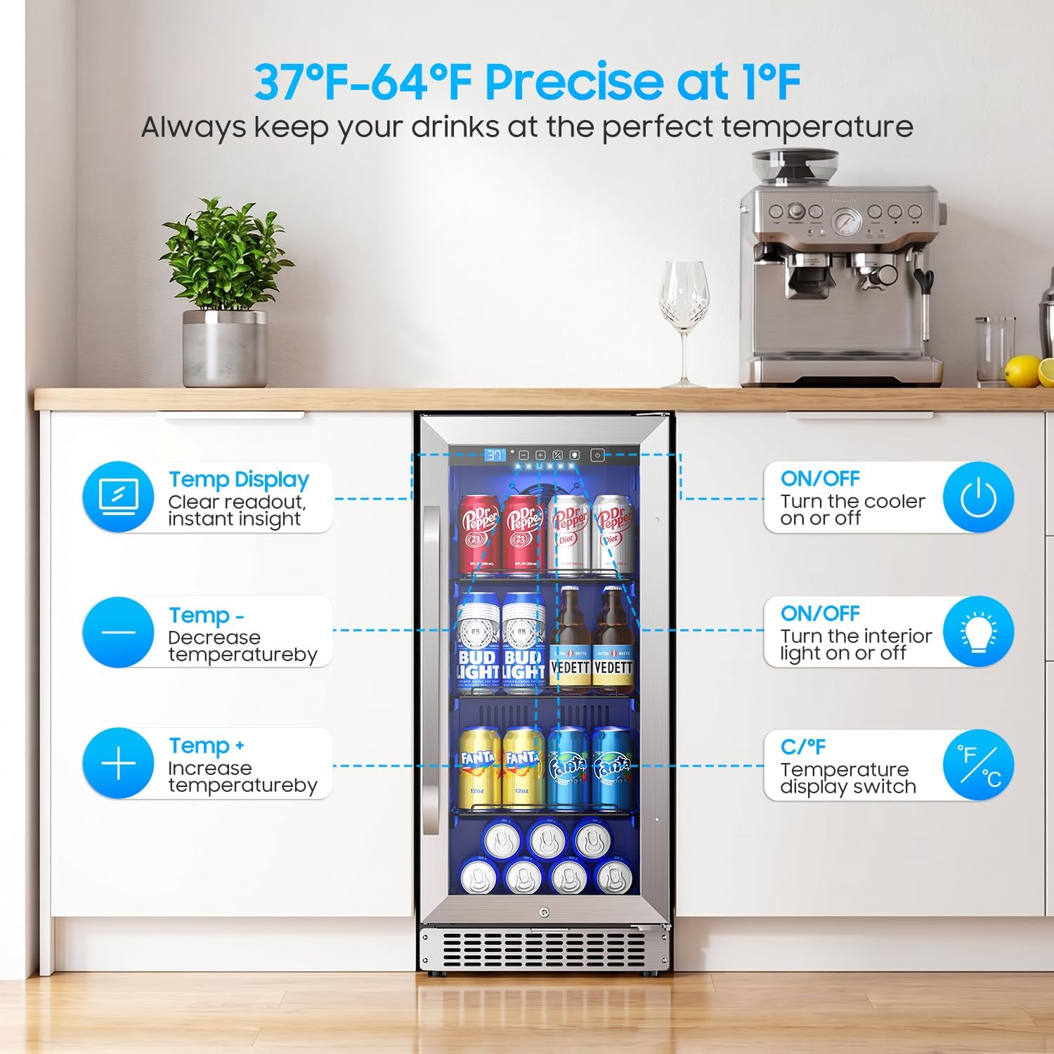 15In Under Counter Beverage Refrigerator, 92Cans Drink Fridge for Kitchen thumbnail