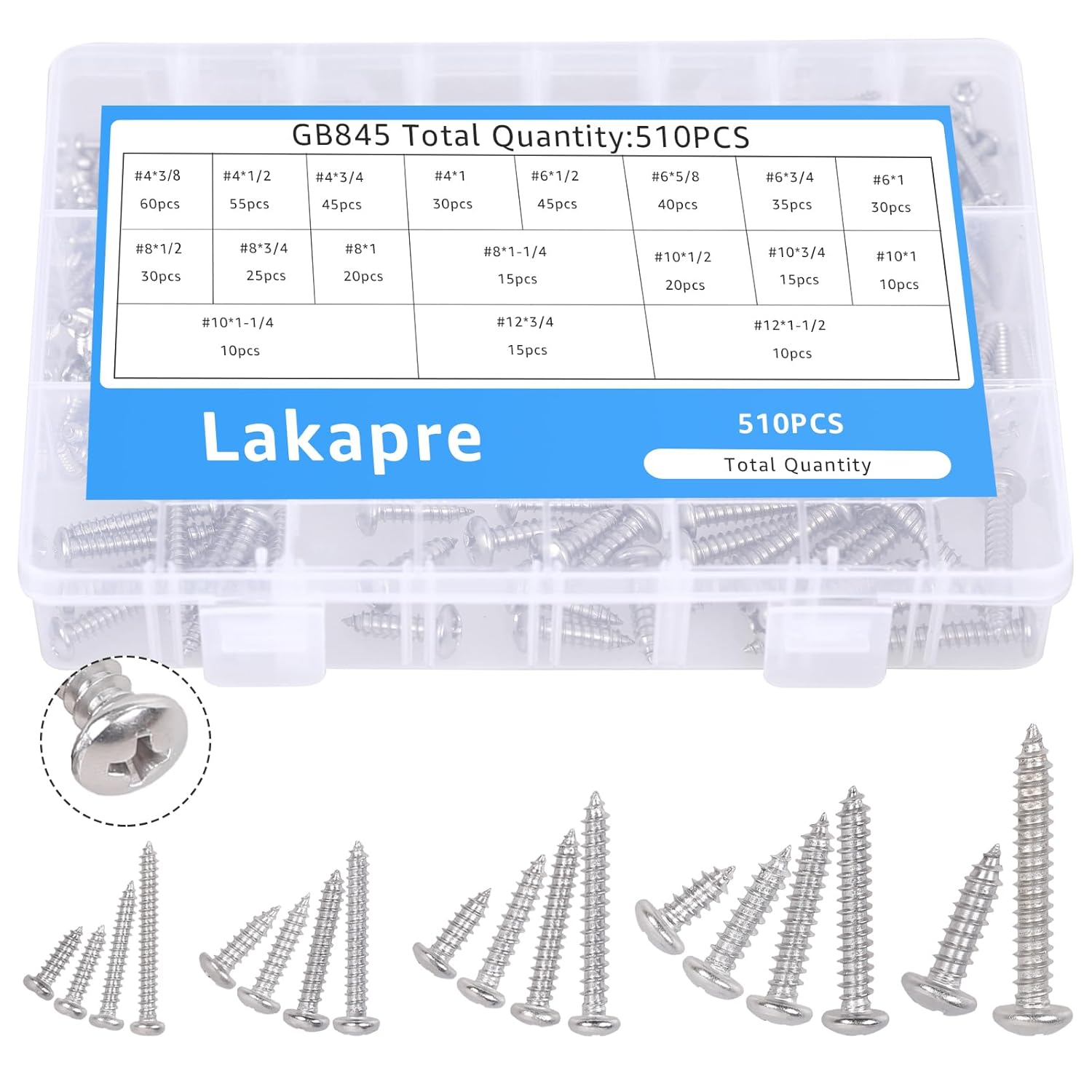 510Pcs Stainless Steel Wood Screws Assortment Kit - #4#6#8#10#12 Phillips Pan Head Sheet Metal Screws Self Tapping Screws Set, Length 3/8" to 1-1/2" Assorted Screws