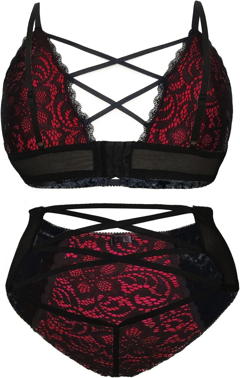 Women Valentines Lingerie Set - Sexy Plus Size Crushed Velvet Mesh Lace Up Exotic Halter Bralette High Waist Panty - Image 2