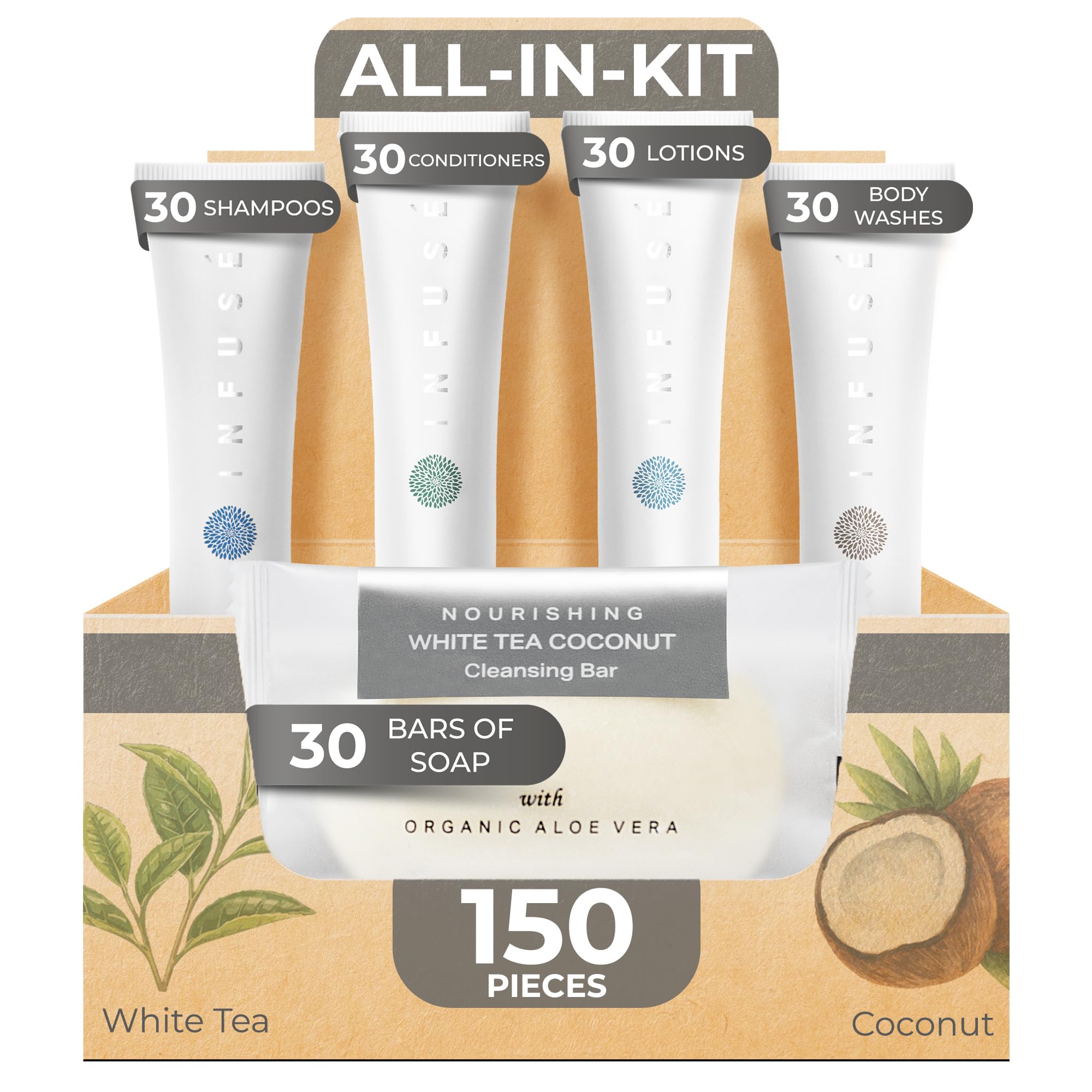 Infuse Pure White Tea and Coconut Hotel Soaps and Toiletries Bulk Set | 1-Shoppe All-In-Kit for Airbnb | 1oz Shampoo & Conditioner, Body Wash, Lotion & 1.25oz Bar Soap | Travel Size 150 Pieces