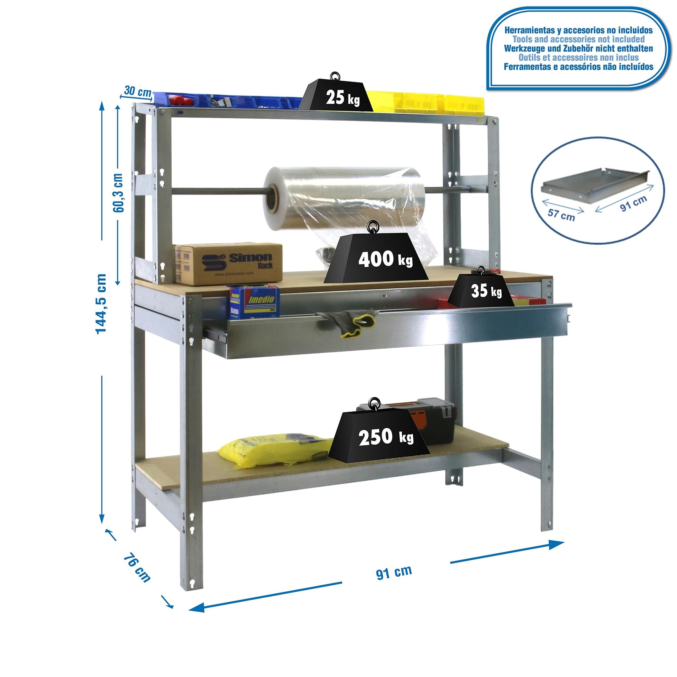 Simon Rack Banco de Trabajo con Porta Rollo y cajón 910x760 mm - BT4 | Tablero madera 16 mm, Capacidad Carga 400 kg, Galva , Pintura anticorrosión, Montaje sistema clic