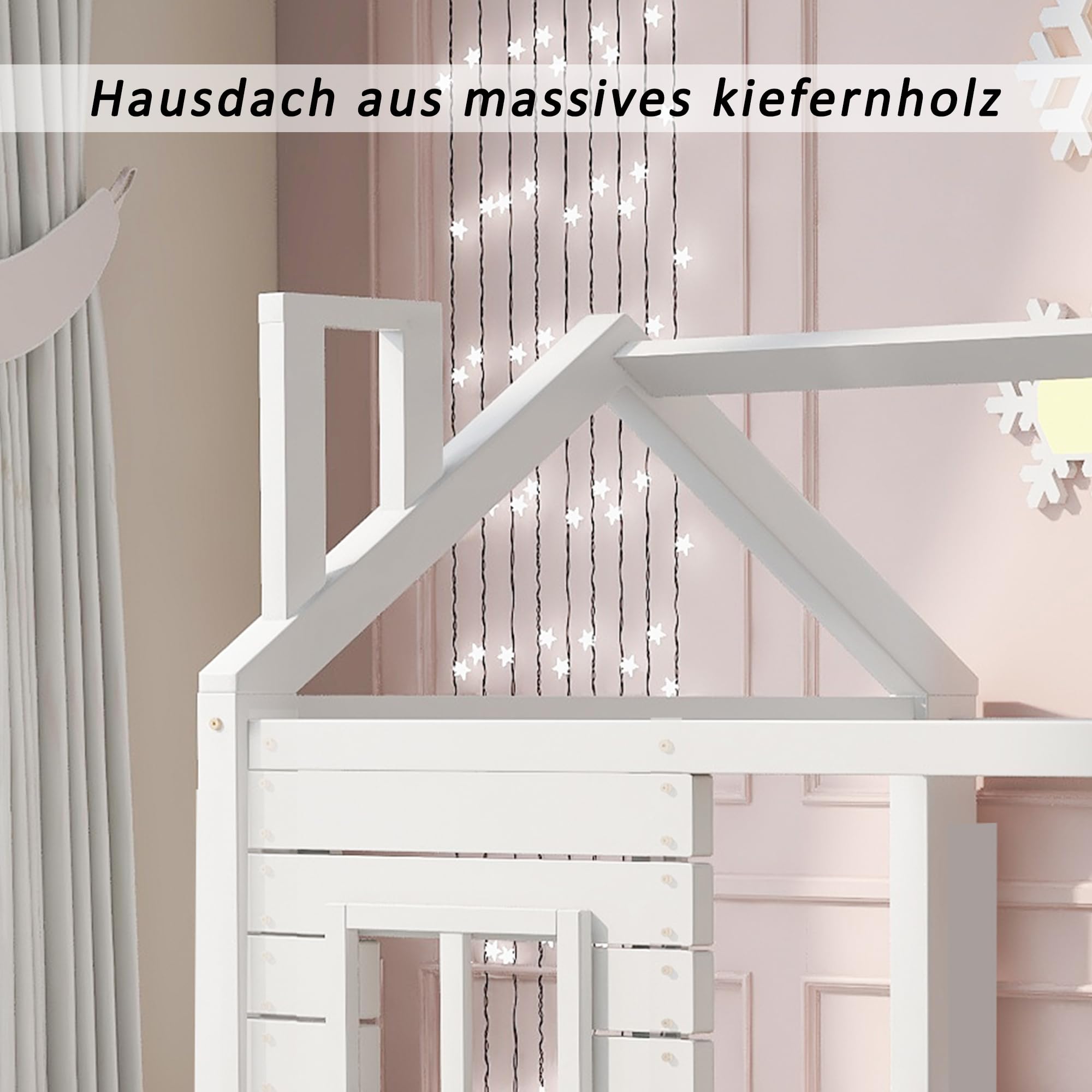 HESHU Kinderbett Hausbett 90x200 cm, Bettgestell mit Fenstern und 2 Schubladen, Kinderbett mit Dach, Massivholz Bett mit Rausfallschutz und Lattenrost, ohne Matratze, Weiß