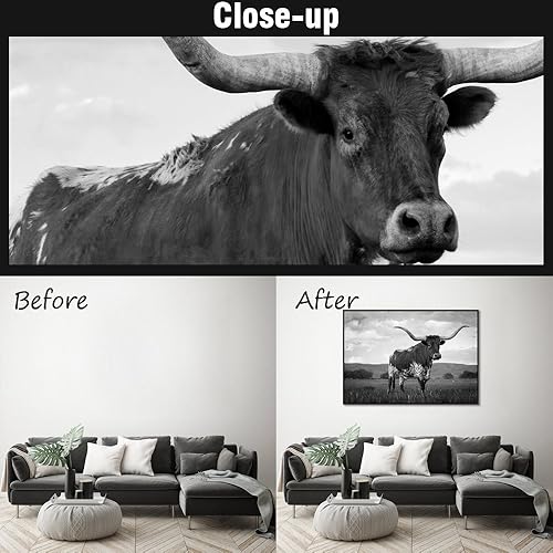 Miniatura 5 de Visual Art Decor Lienzo de animales extragrandes para pared, decoración de Texas, lienzo giclée de cuerno largo, pintura con marco flotante negro