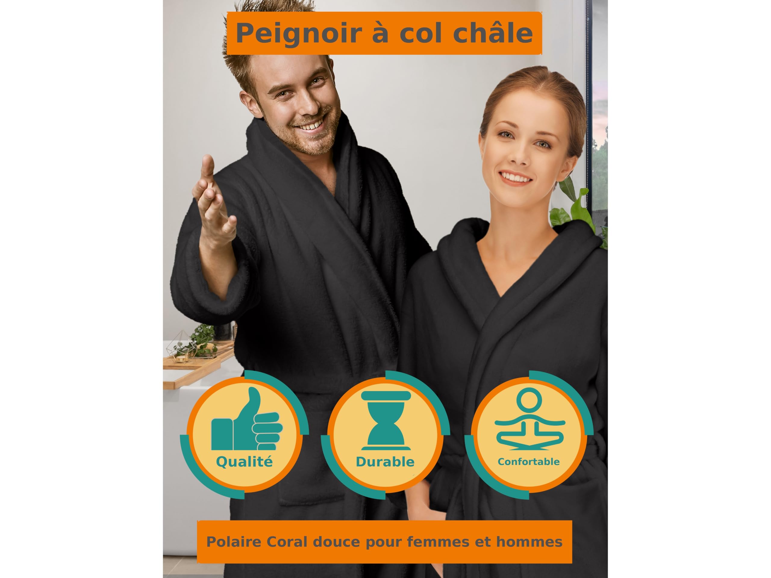 npluseins Peignoir de bain en polaire moelleuse avec col châle – Femme & Homme, XXL, Noir