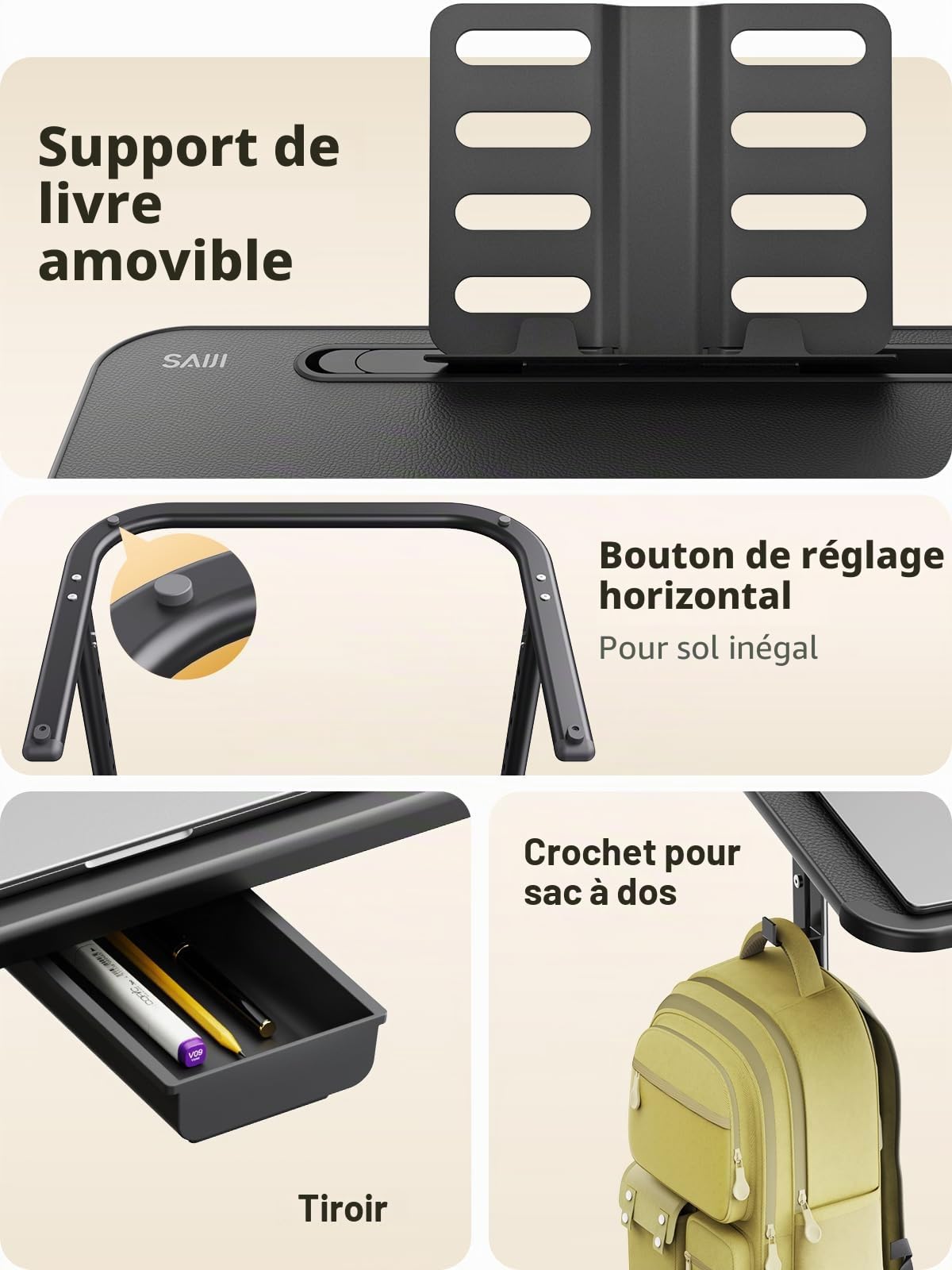 SAIJI de bureau, table de bureau stable, réglable en hauteur, avec support pour livre, tiroir, crochet pour sac à dos, style moderne, pour étude, travail avec ordinateur portable, manger, classe en