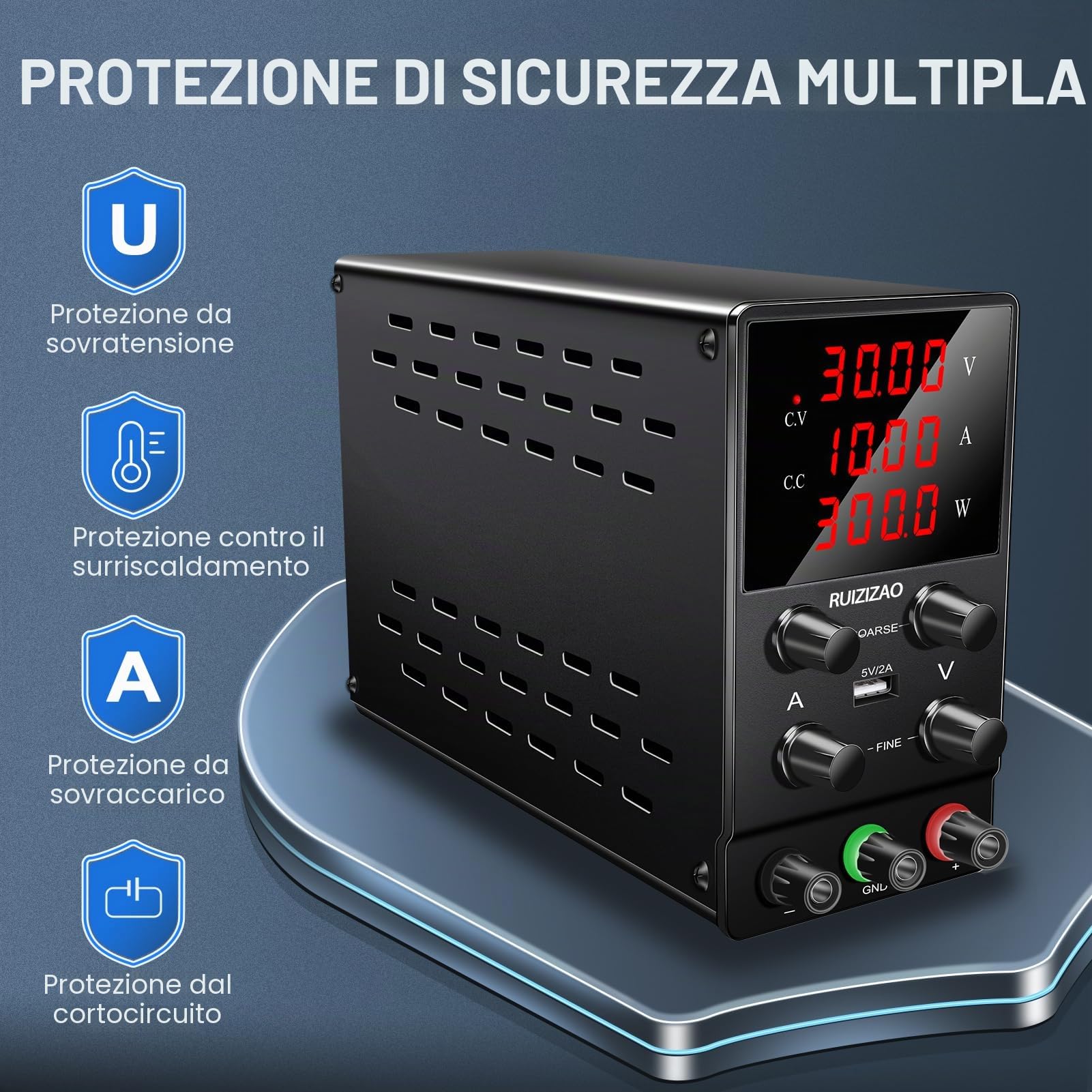Alimentatore regolabile 30 V 10 A DC Alimentatori da Laboratorio Alimentazione Banca Regolabile Display LED a 4 cifre (Nero 30 V 10 A)