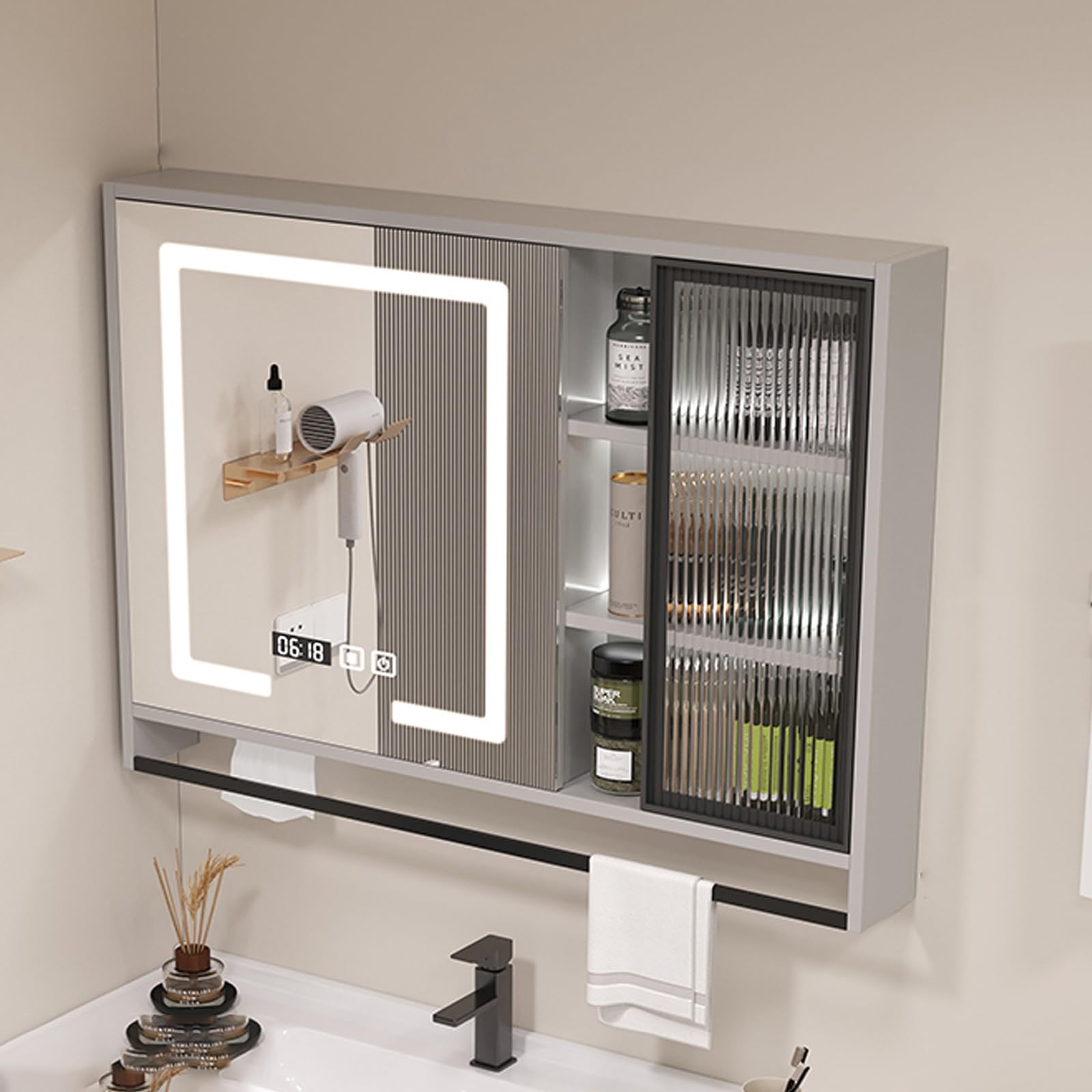 Mobiletto per medicinali Moderno per Bagno con Specchio LED antiappannamento, Specchio da toeletta a Parete con portasciugamani, Display dell'ora, Illuminazione a Tre Colori e Porta Fazzolet