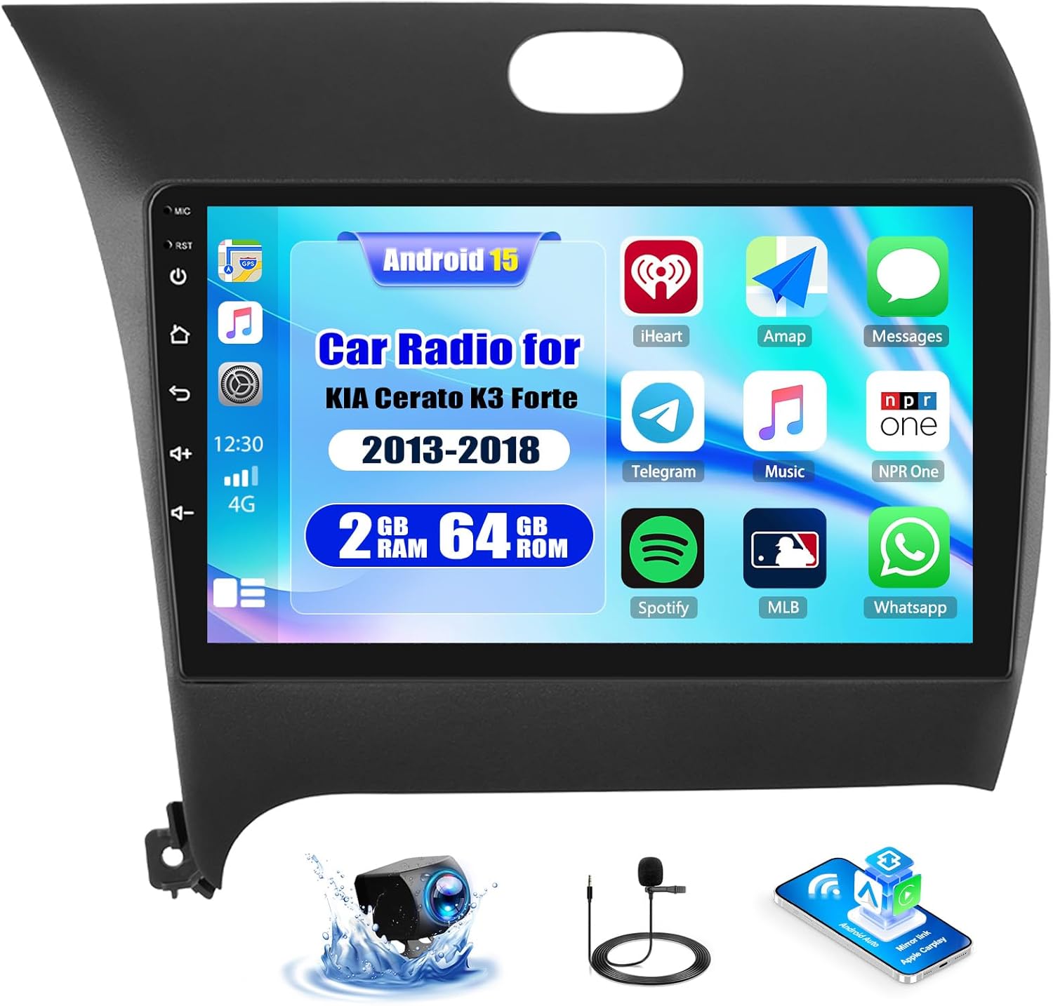 Android 15 Car Radio for Kia K3 2013 2014 2015 2016 Wireless Carplay/Android Auto 10.1" IPS Touch Screen 2+64G Car Stereo with Bluetooth/GPS Navigation WiFi +AHD Backup Camera+MIC